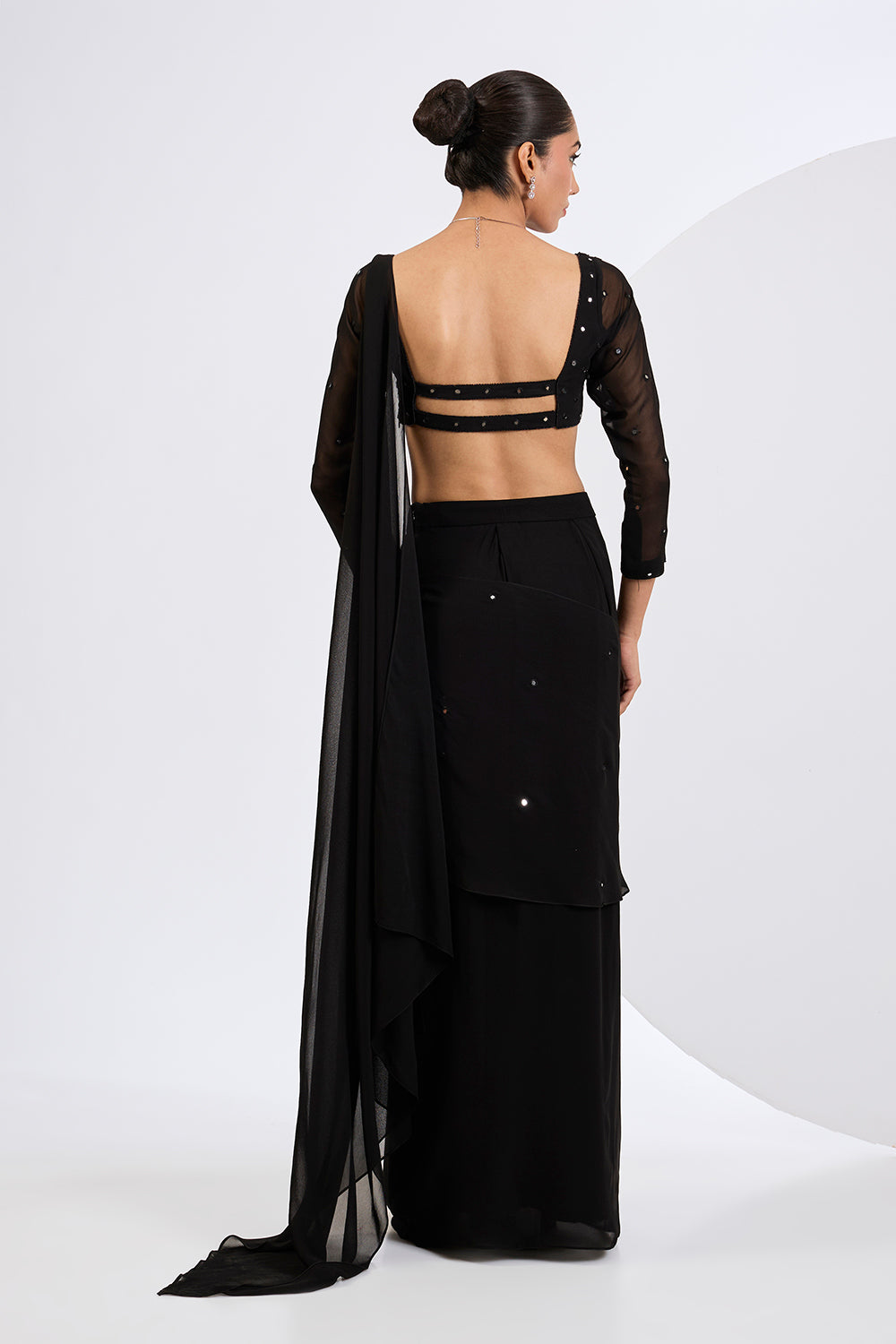 Pre Draped  Mirror Embellished  Saree with Embroidered Blouse