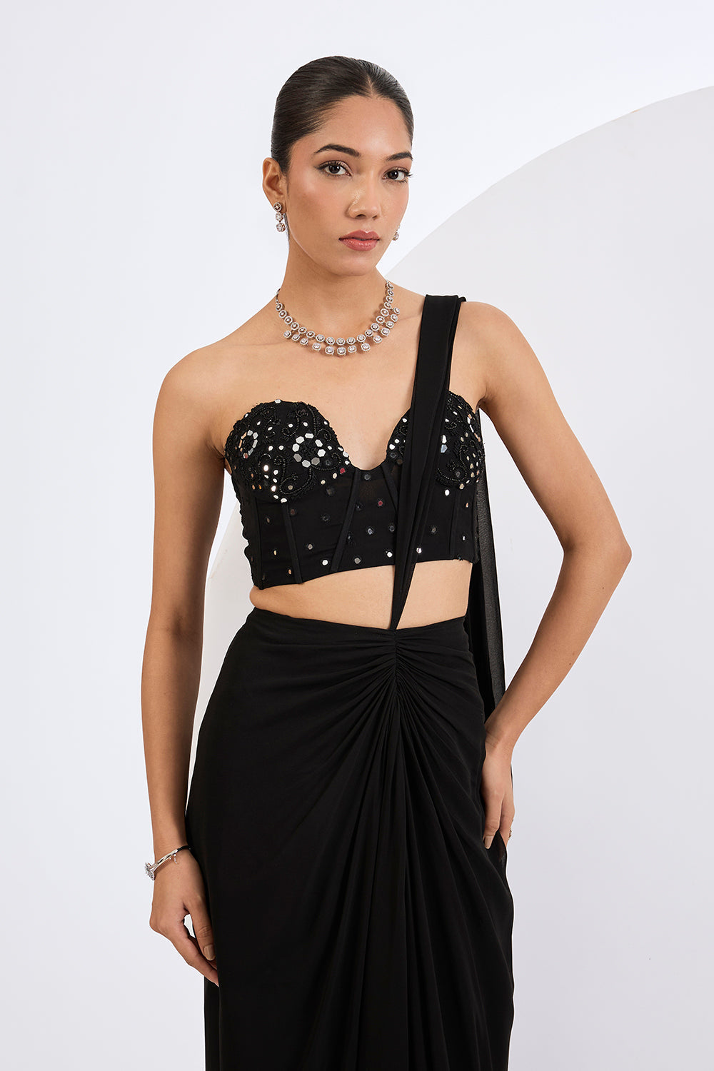 Pre Draped Saree with Embellished Corset