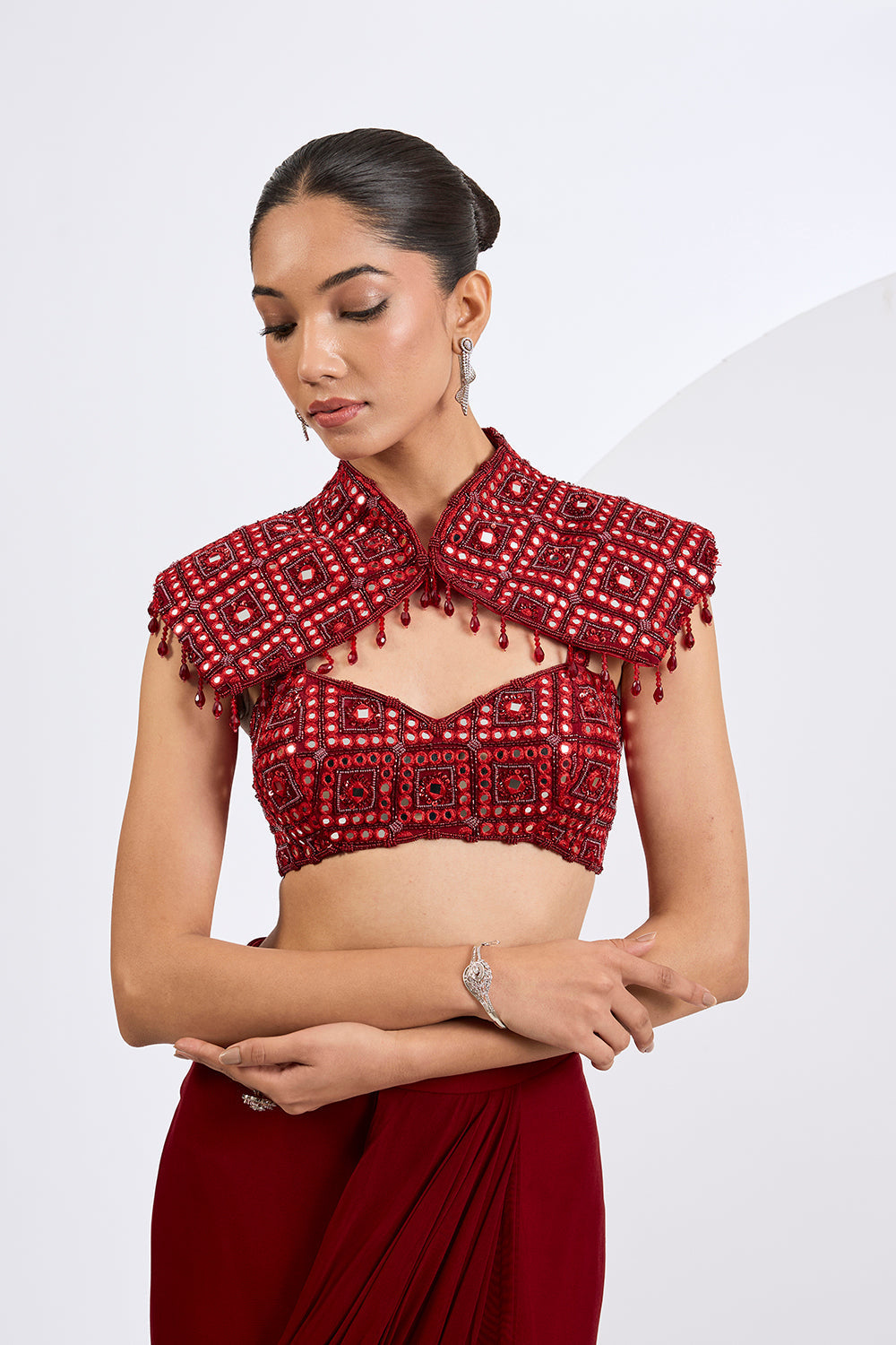 Pre Drape Skirt Set with Embroidered Cape And Blouse