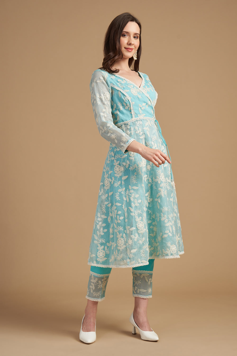 Ivory Thread Anarkali With Pant And Chiffon Dupatta