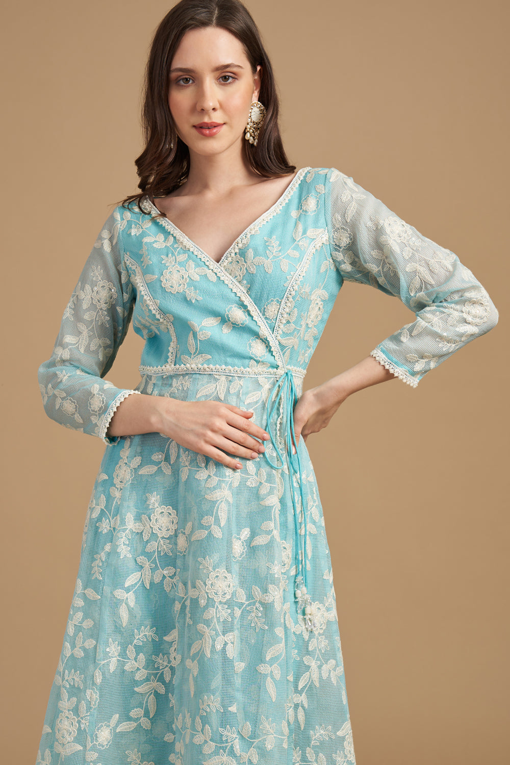Ivory Thread Anarkali With Pant And Chiffon Dupatta