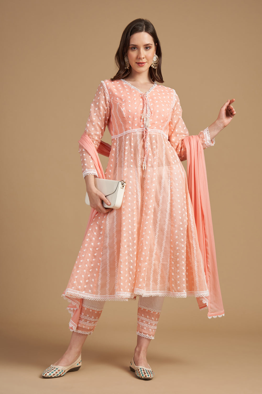 Ivory Thread Embroidered A Shape Short Kameez With Palazzo