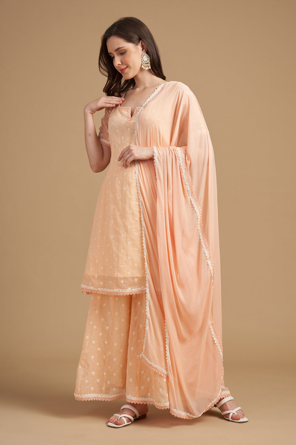 Ivory Thread Embroidered A Shape Short Kameez With Palazzo