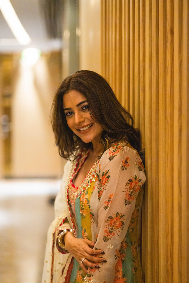 Nisha Aggarwal in Gopi Vaid Printed Anarkali Set Closeup 3