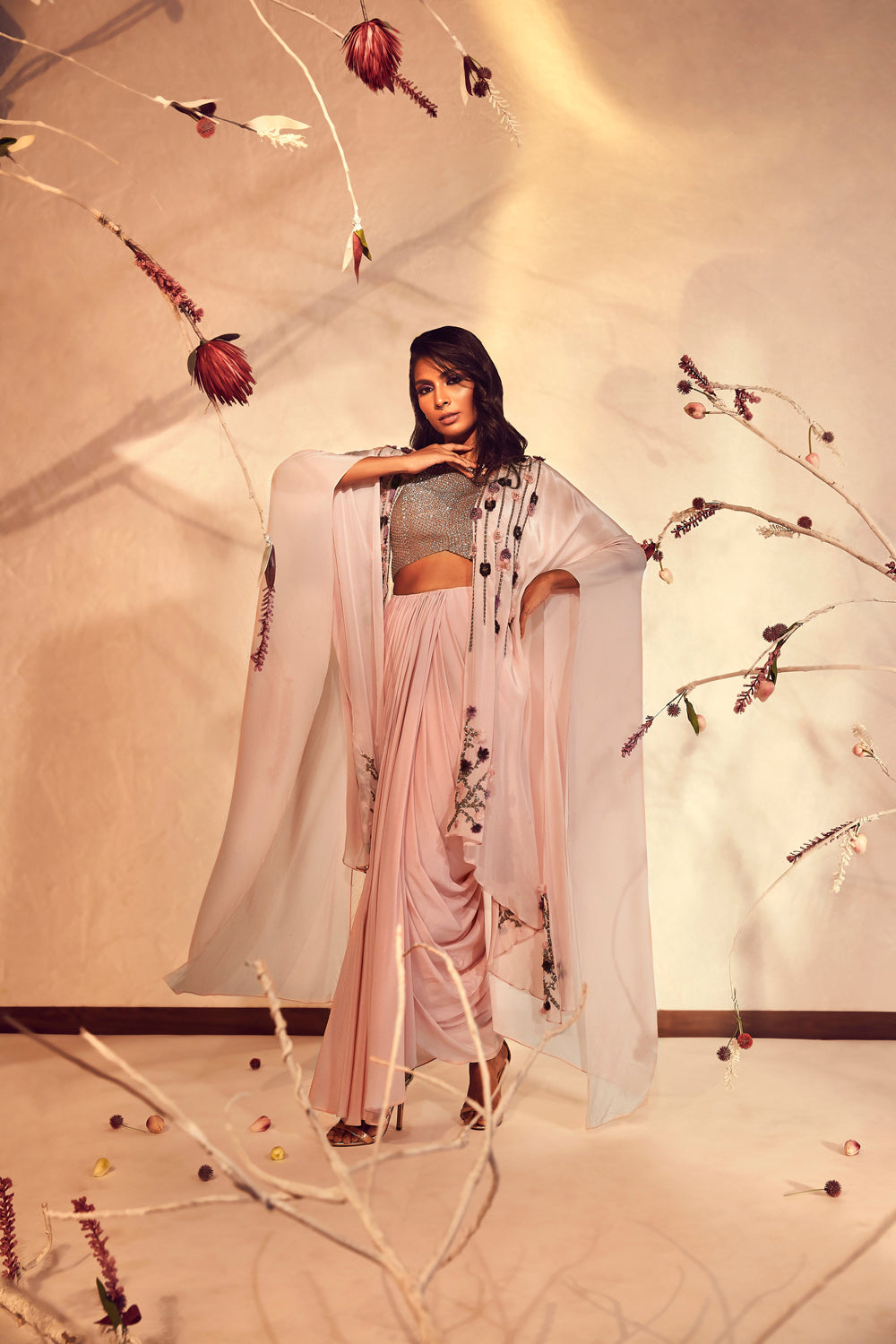 Salmon Pink Co-Ord Set with Skirt And Cape