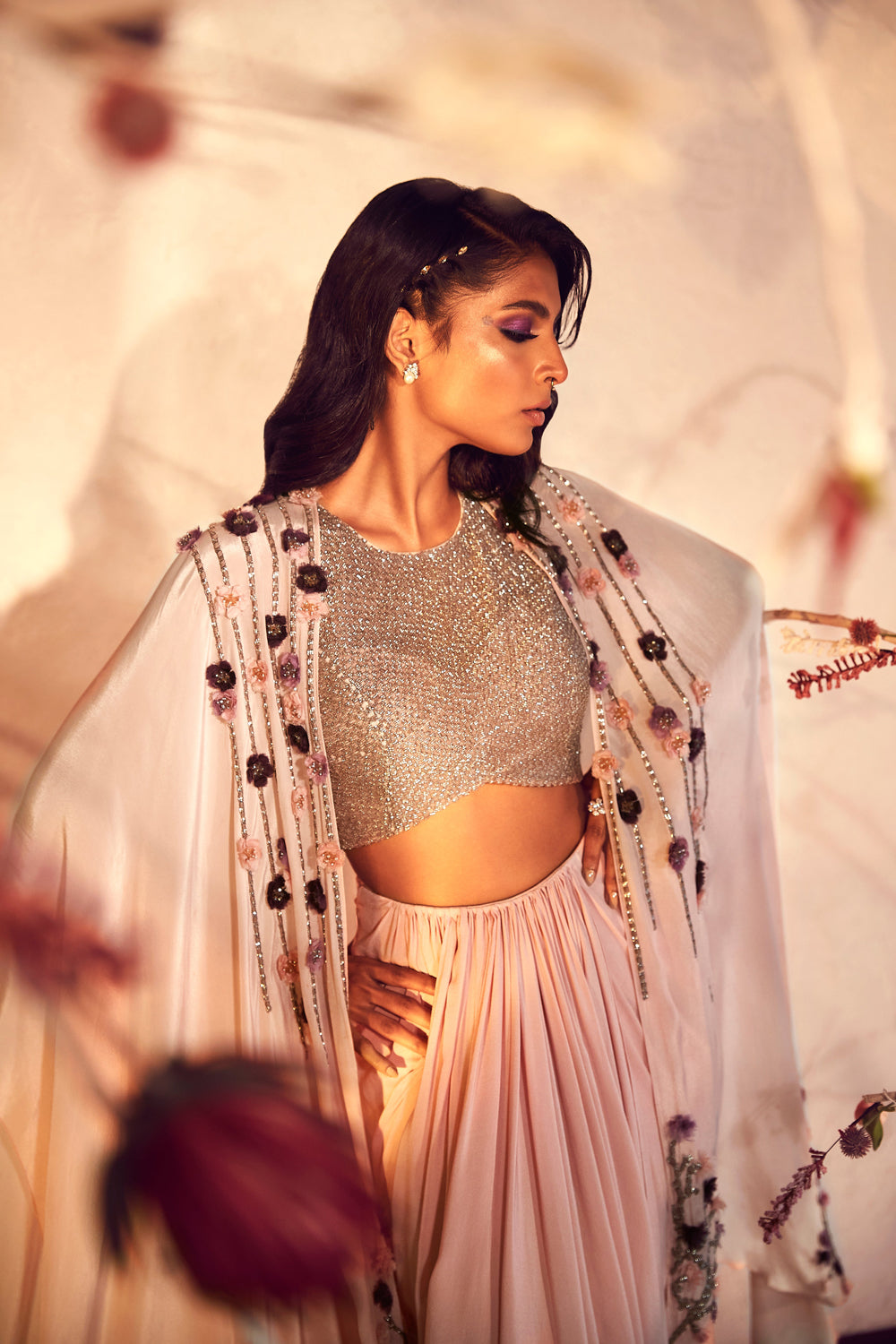 Salmon Pink Co-Ord Set with Skirt And Cape