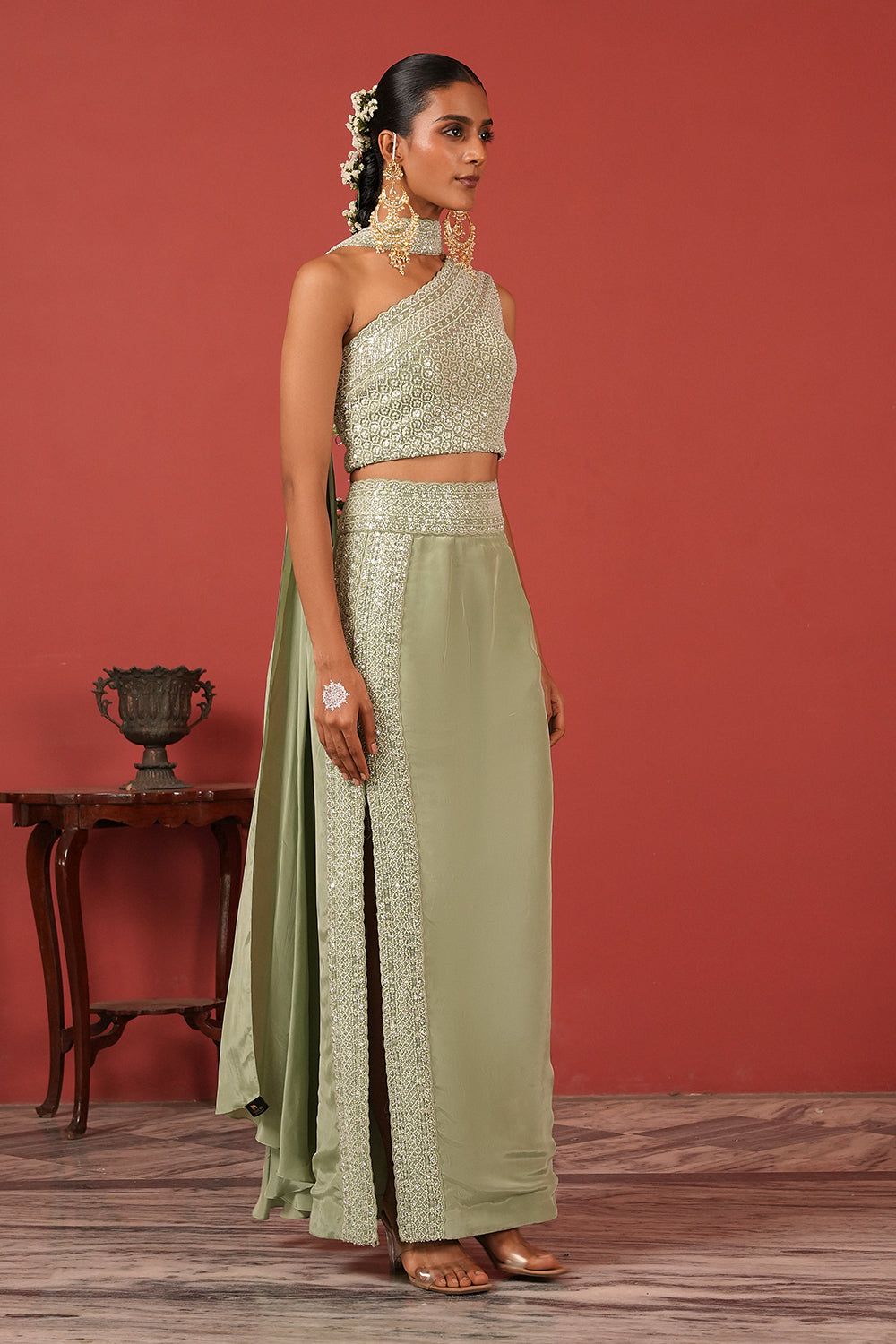One-Shoulder Embroidered Top with Straight-Fit Skirt Set