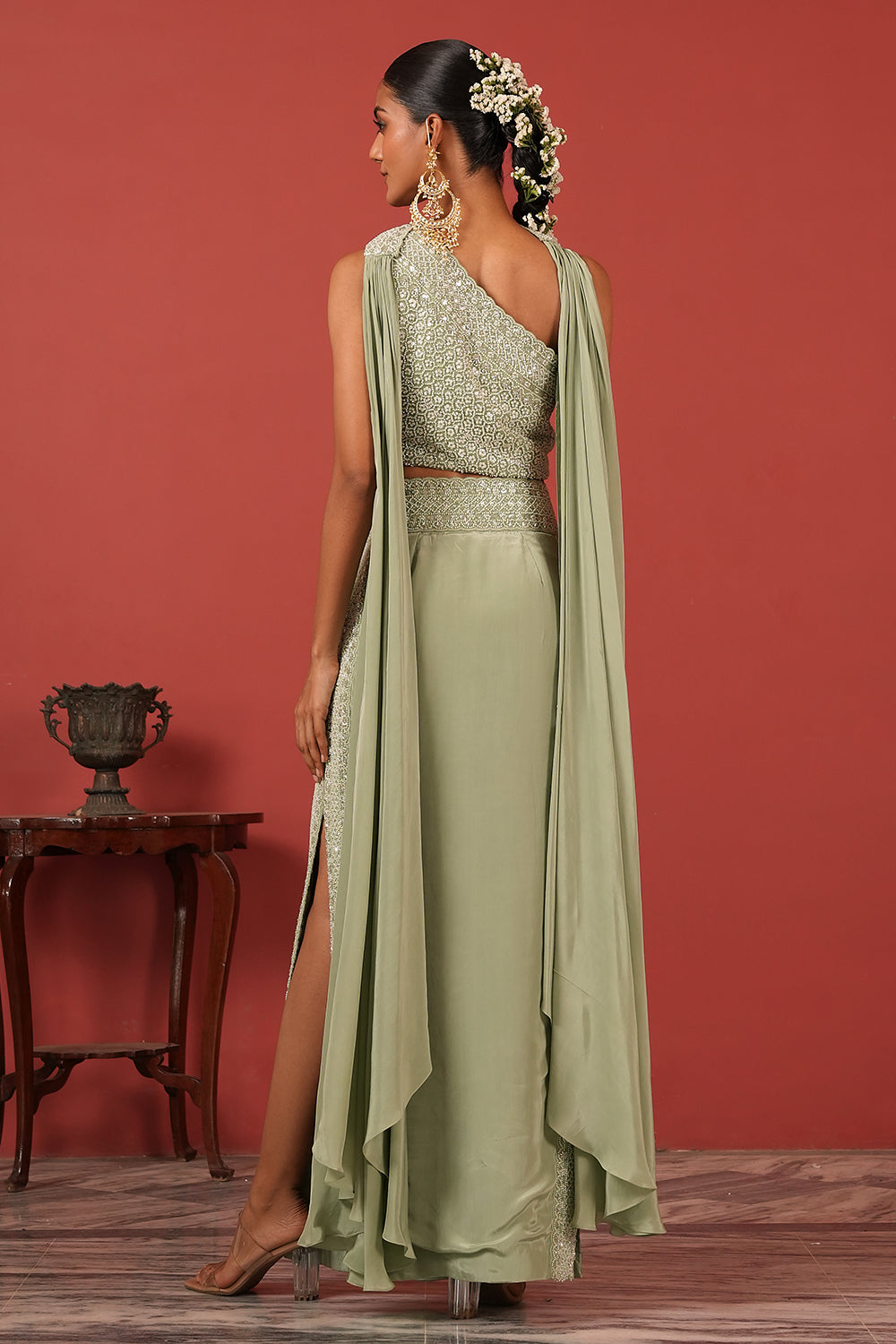 One-Shoulder Embroidered Top with Straight-Fit Skirt Set