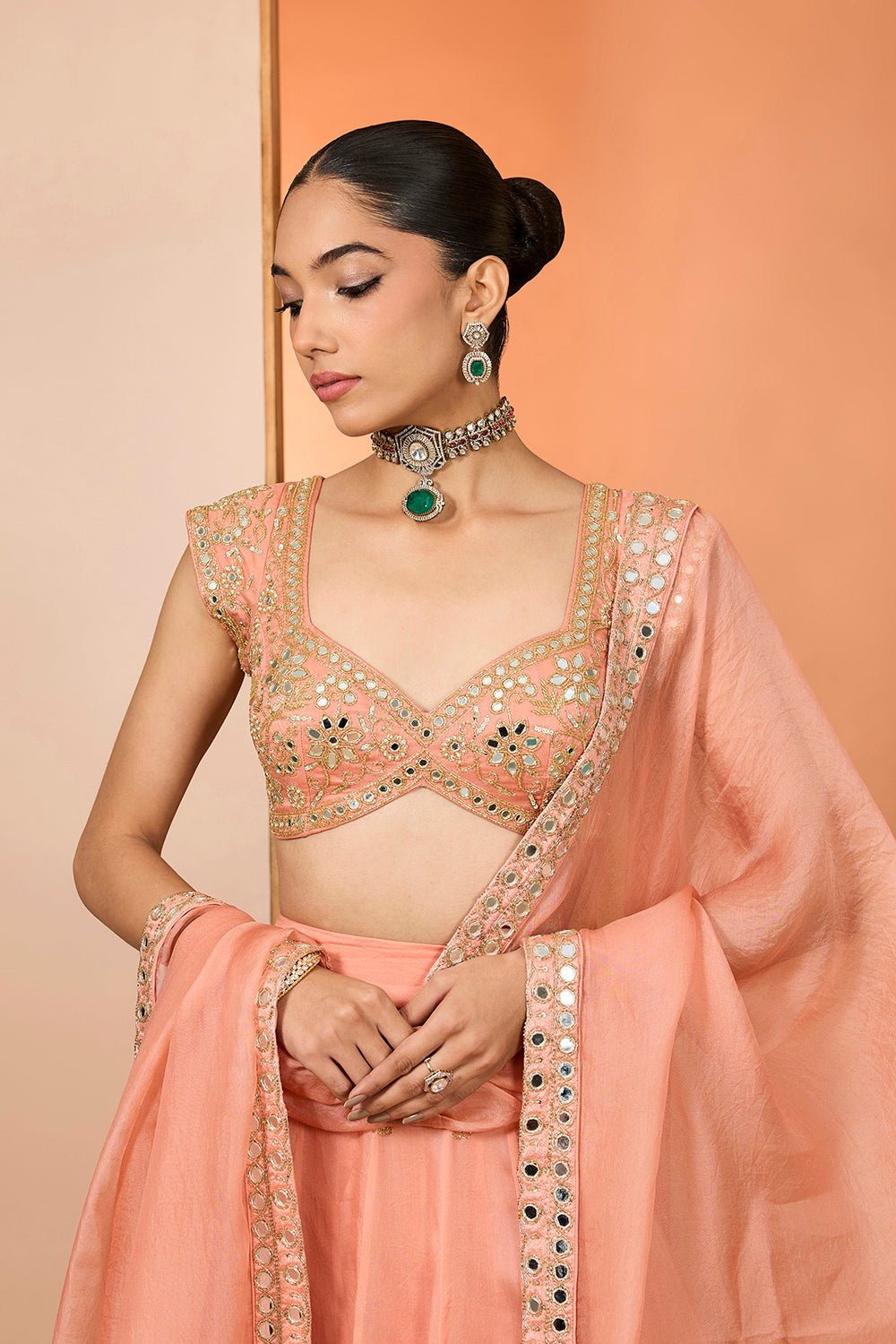 Orange Satin Organza Hand Embroidered Lehenga Set With Pure Raw Silk Blouse And Silk Organza Dupatta