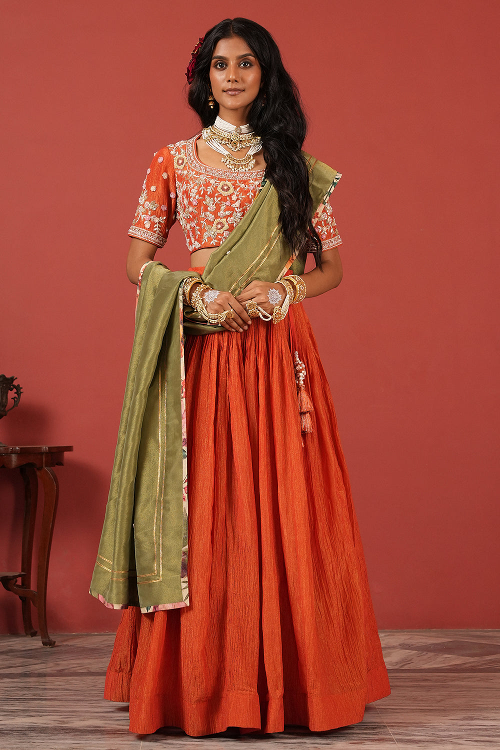 Orange Zardozi Hand-Embroidered Lehenga Set