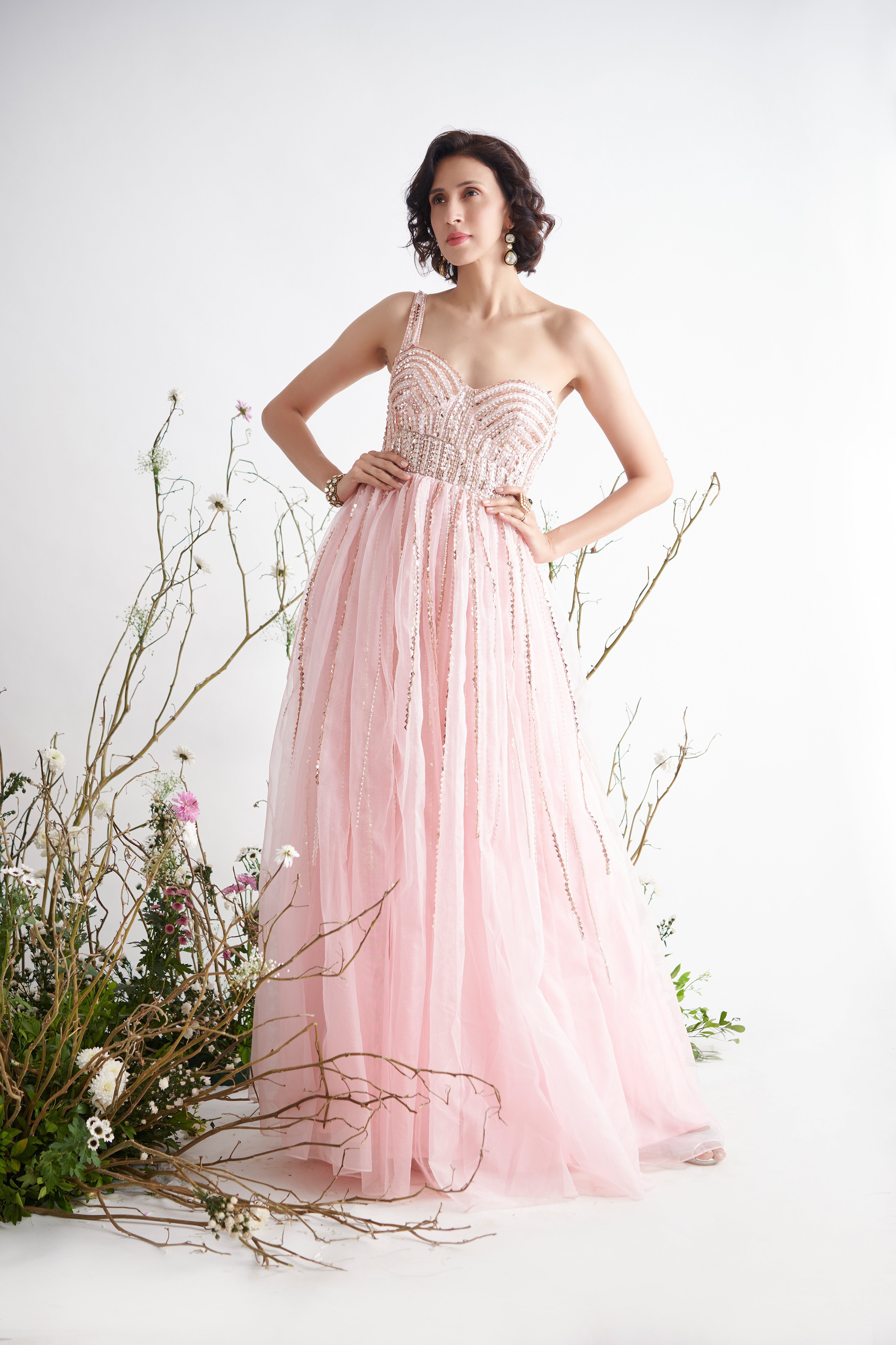 Pink Peacock Couture - Rose Pink Hand Embroidered Gown