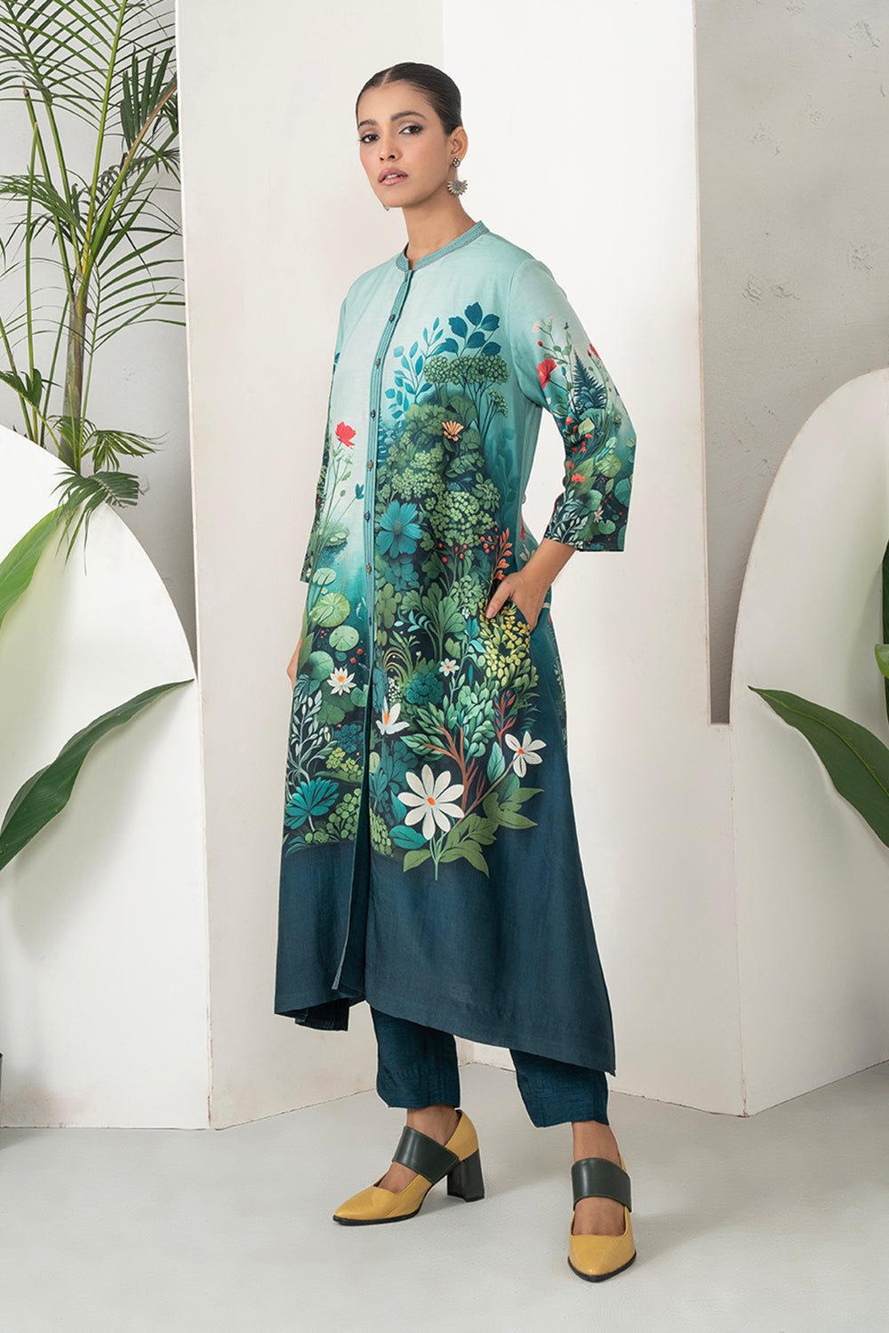 Blue Fades Gently From Mint To Midnight Silk Chanderi Hand-Painted Garden Printed Dress Set