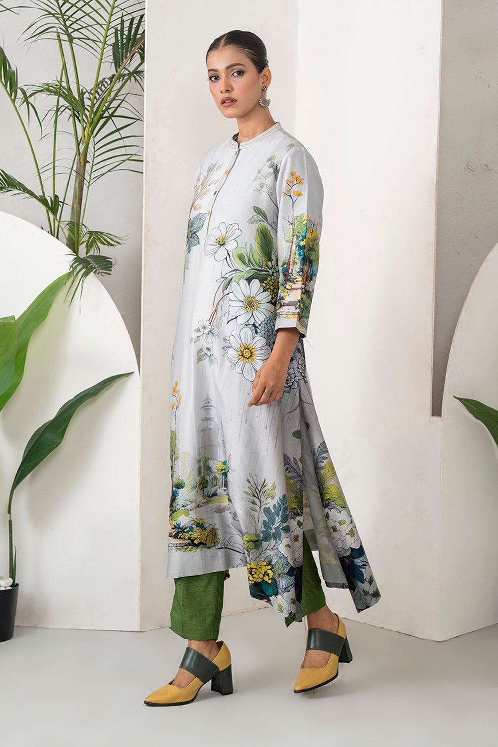 Grey Silk Chanderi Painterly Landscape Printed Tunic Set