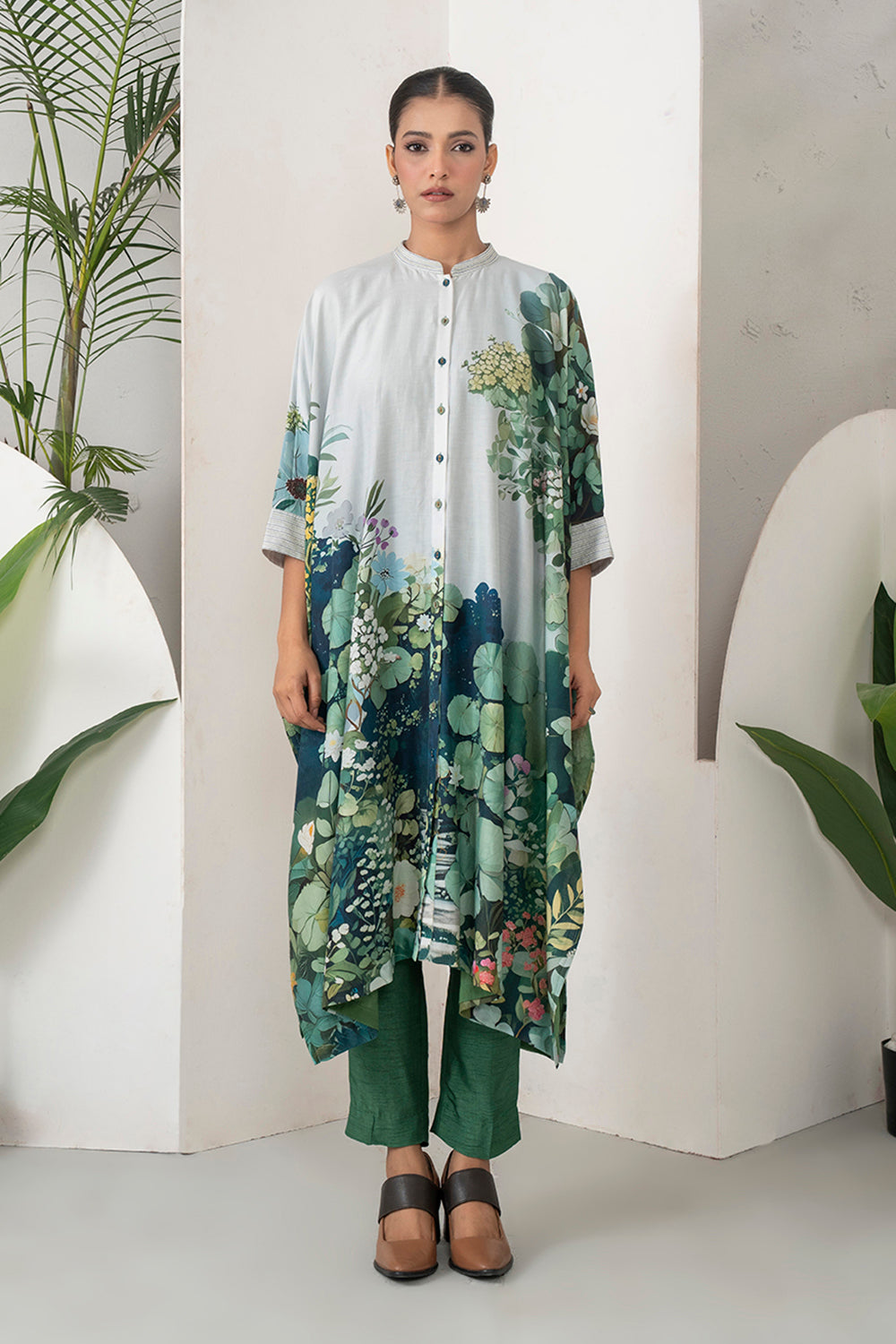 Ivory Silk Chanderi Vivid Garden Illustration Printed Kaftan Set
