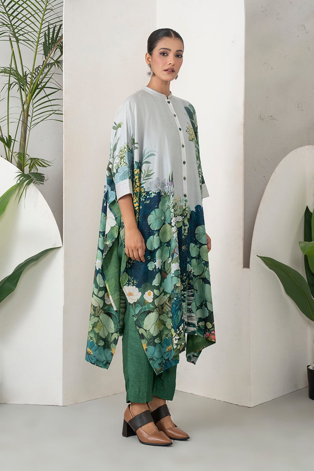 Ivory Silk Chanderi Vivid Garden Illustration Printed Kaftan Set