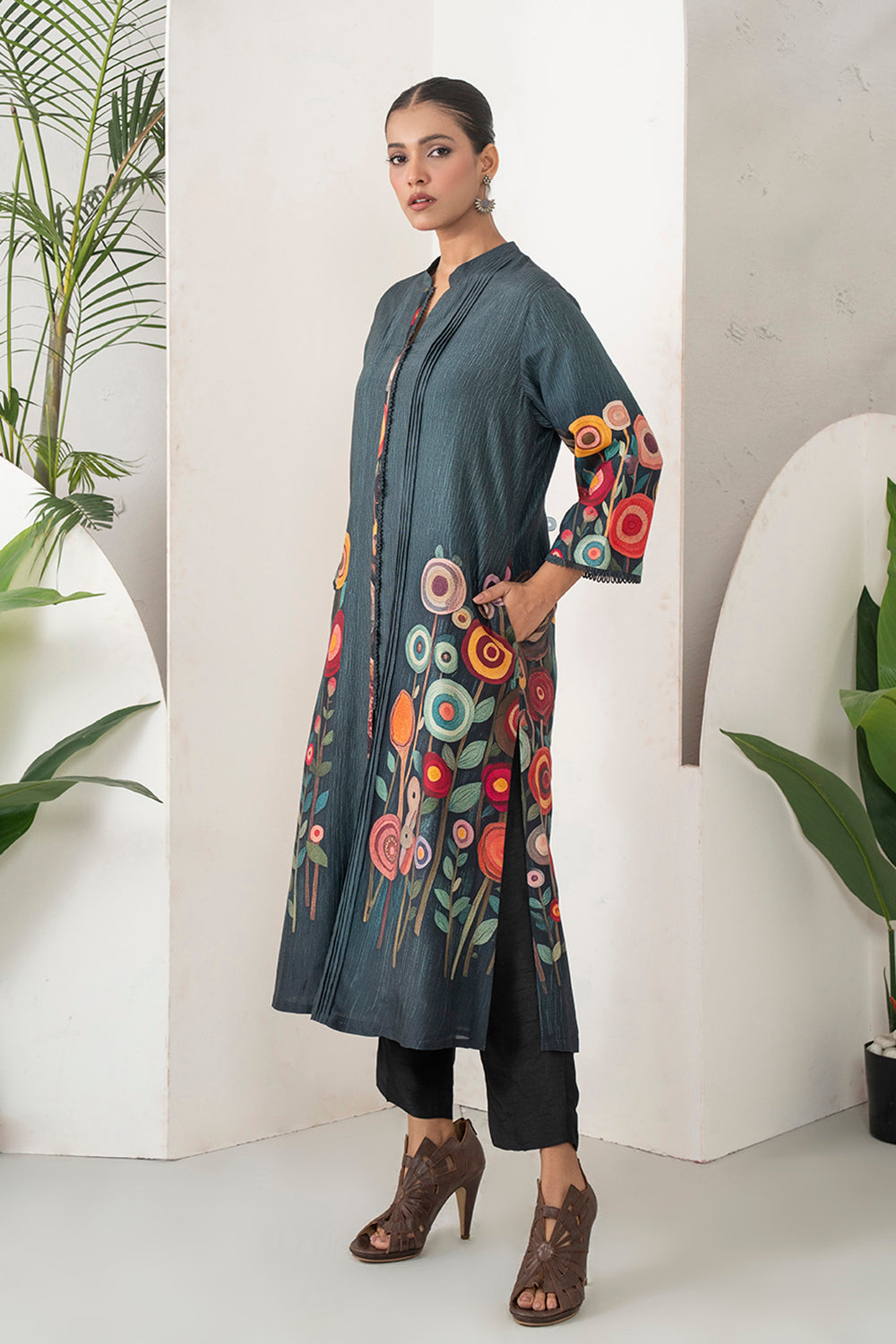 Charcoal Silk Chanderi Striking Floral Illustration Printed Dress Set
