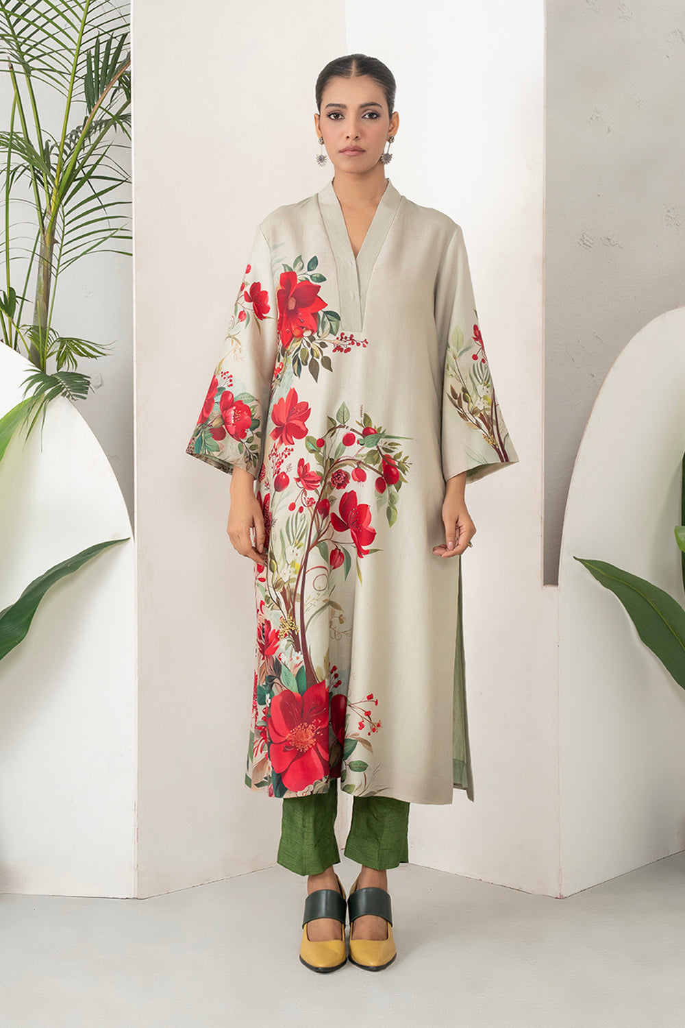 Beige Silk Chanderi Elegant Floral Printed Tunic Set