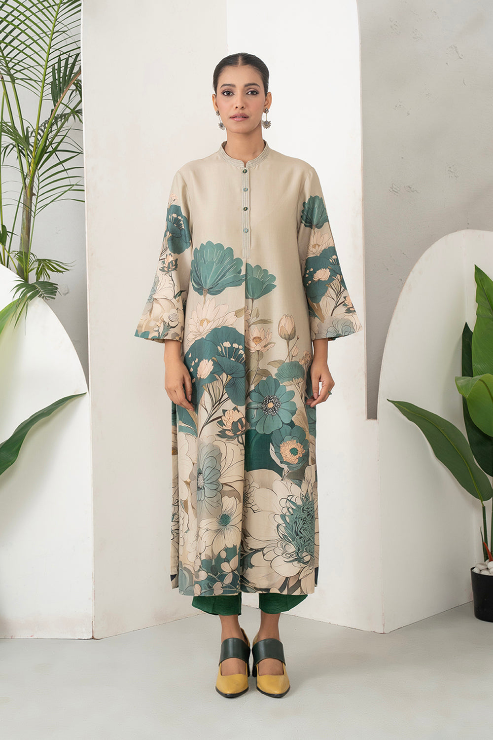 Beige Silk Chanderi Delicate Floral Artwork Printed Tunic Set