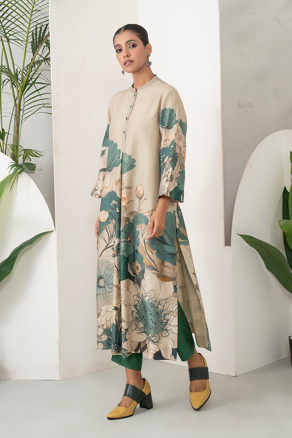 Beige Silk Chanderi Delicate Floral Artwork Printed Tunic Set