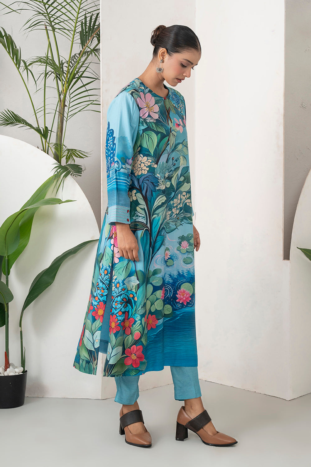 Sky Blue Silk Chanderi Lush Lotus Printed Tunic Set