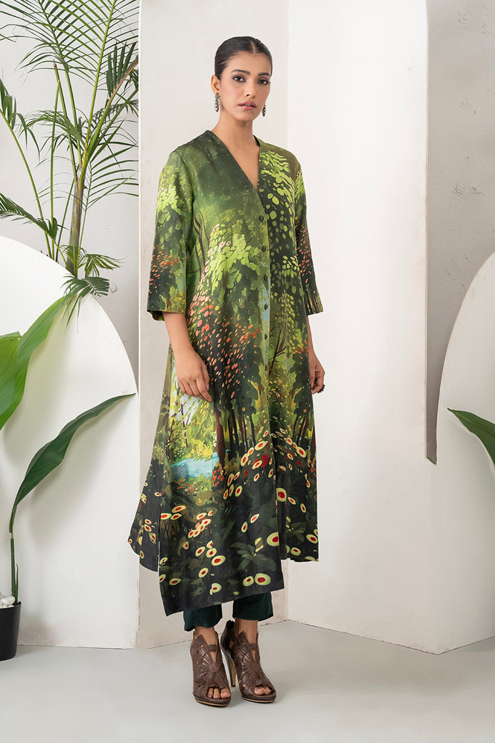 Shades Of Green Silk Chanderi Front Open Nature Inspired Printed Dress Set