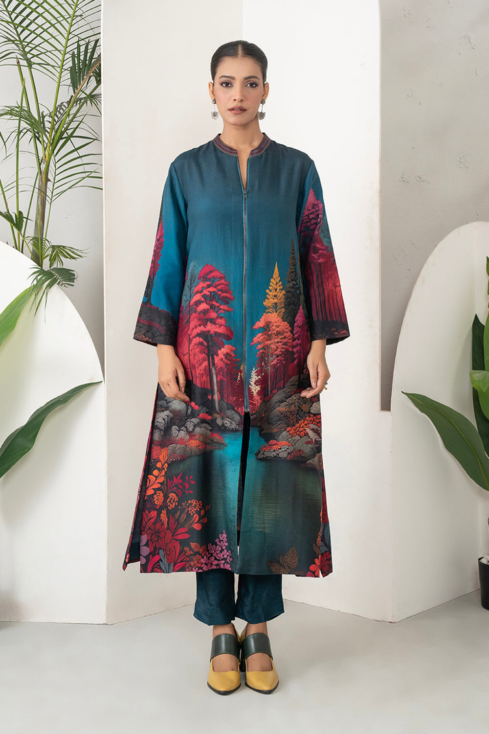 Deep Teal Fades Into Twilight Blue Silk Chanderi Forest Scene Printed Dress Set