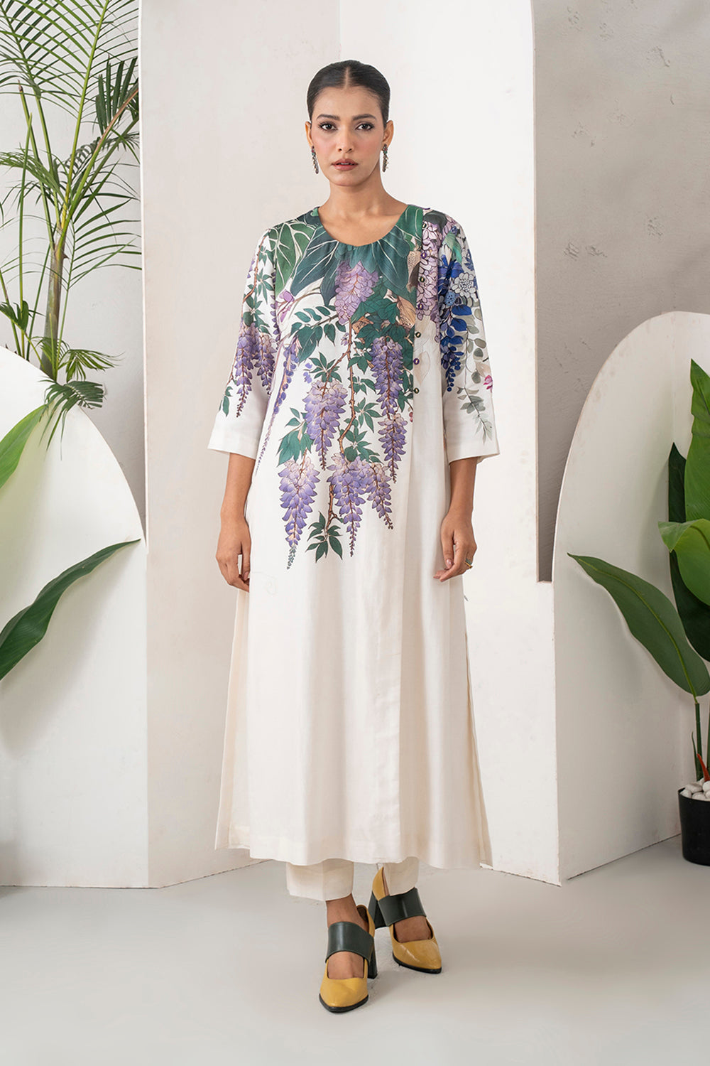 Ivory Silk Chanderi Side Panel Wisteria Printed Dress Set