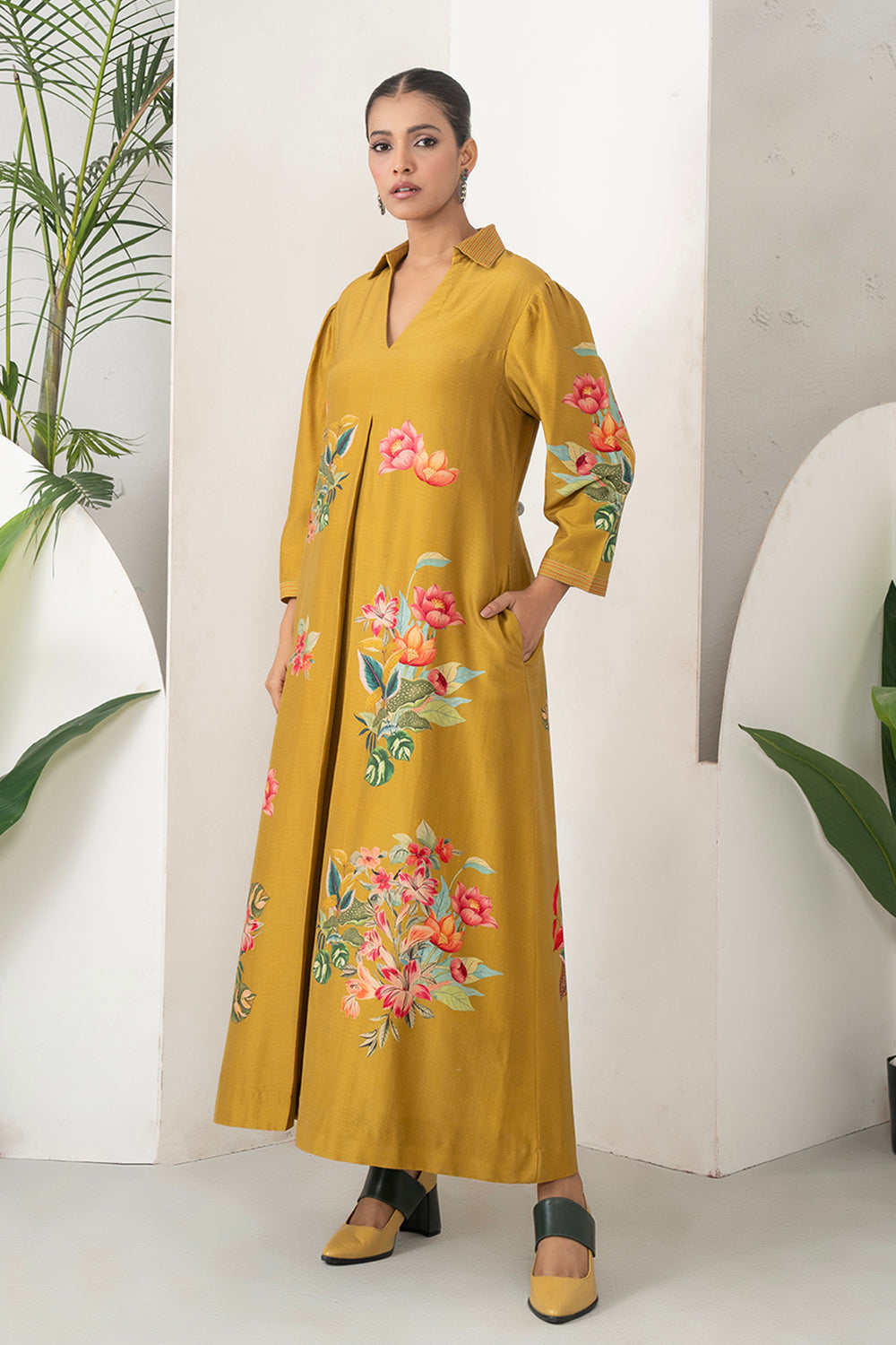 Mustard Silk Chanderi Front Pleat Detailed Colourful Floral Printed Dress Set