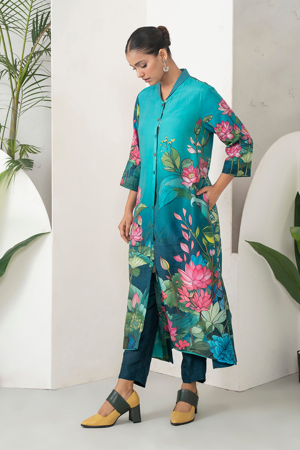 Aqua Fades Into Deep Blue Silk Chanderi Lush Lotus Printed Dress Set