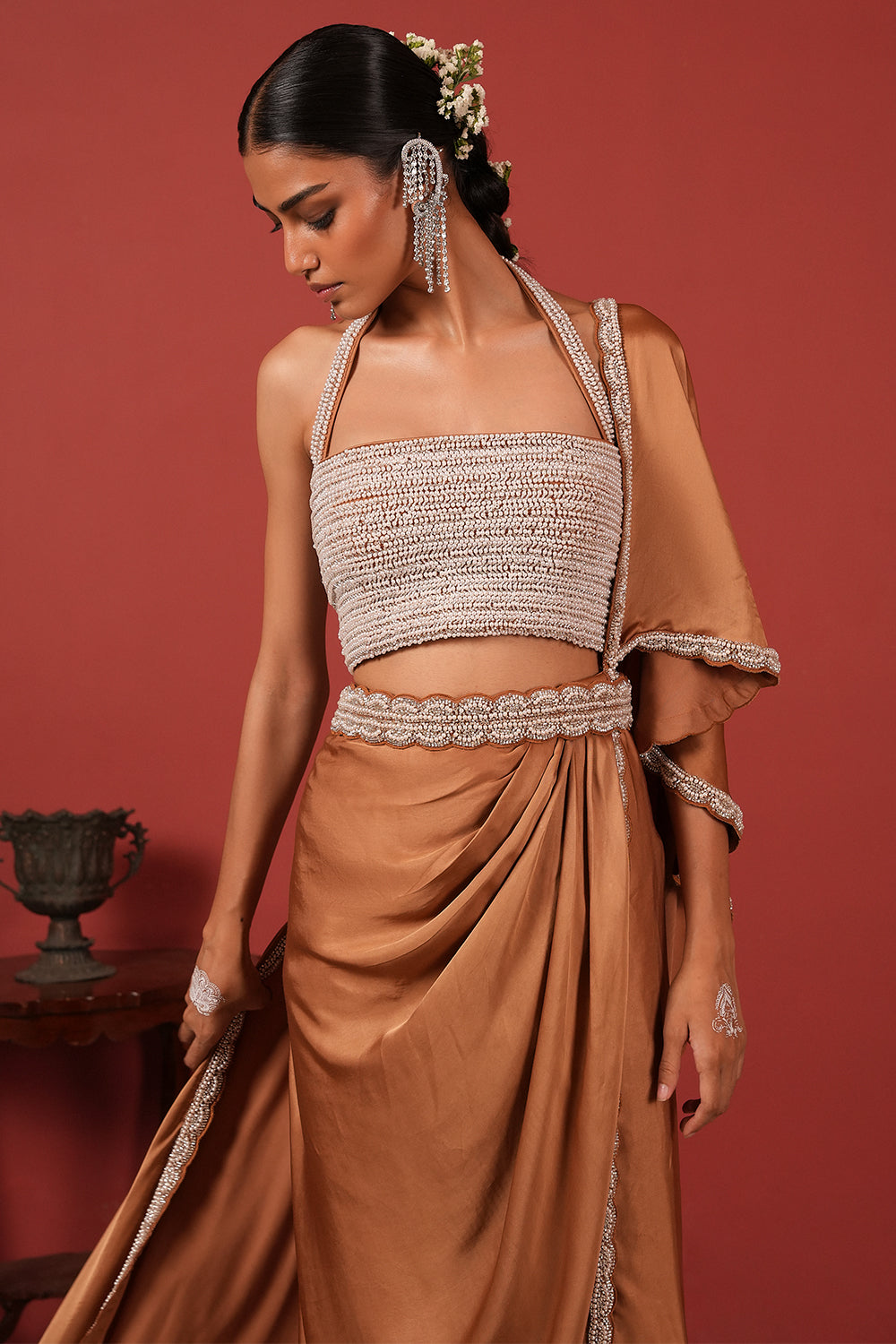 Pre-Draped Brown Saree Set with Slit Skirt