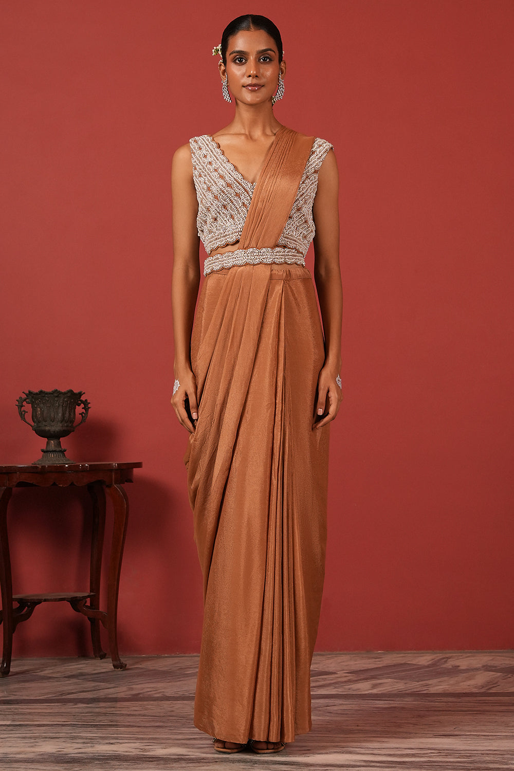 Pre-Draped Brown Saree with Embroidered Blouse & Detachable Belt