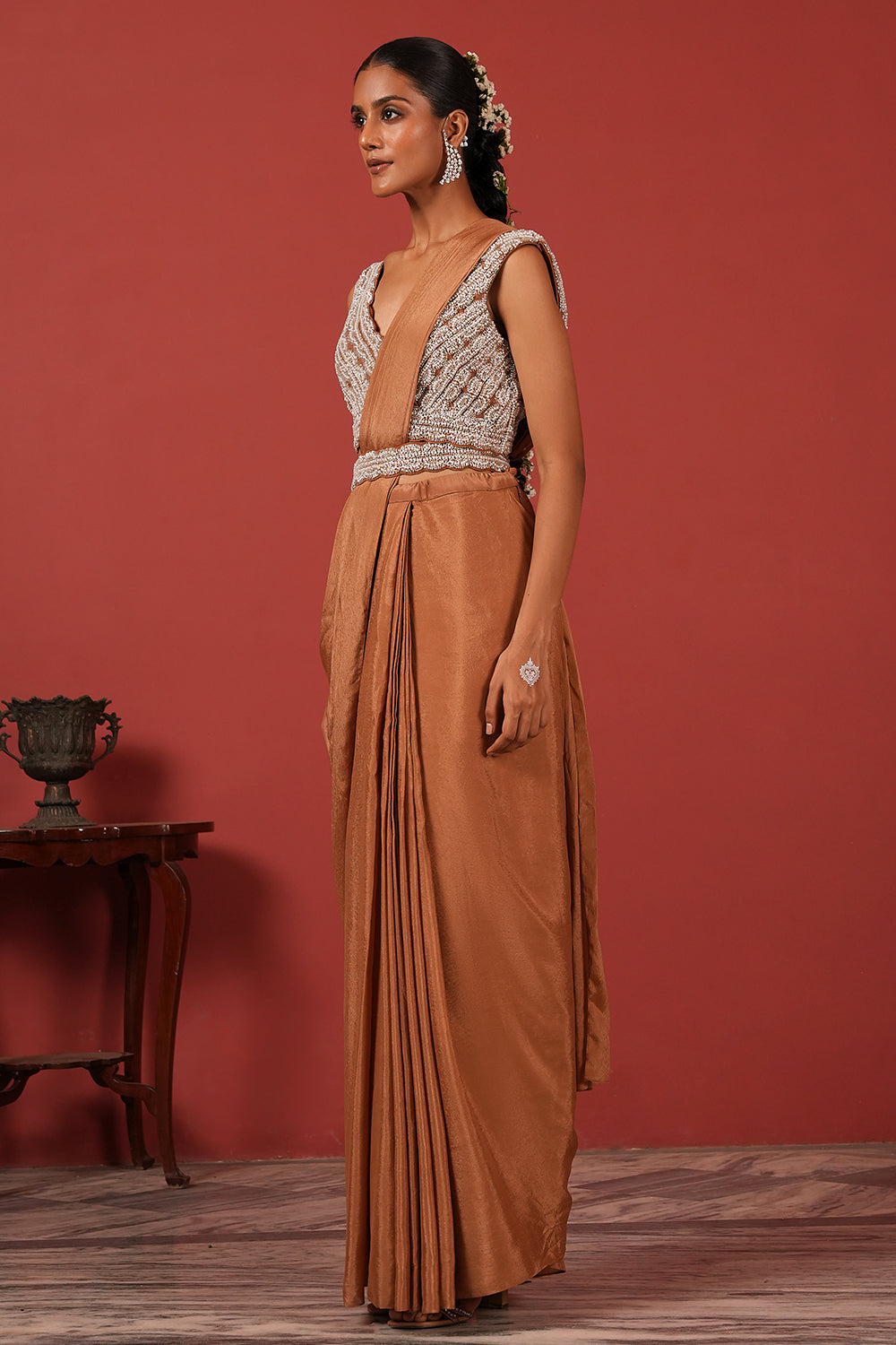 Pre-Draped Brown Saree with Embroidered Blouse & Detachable Belt