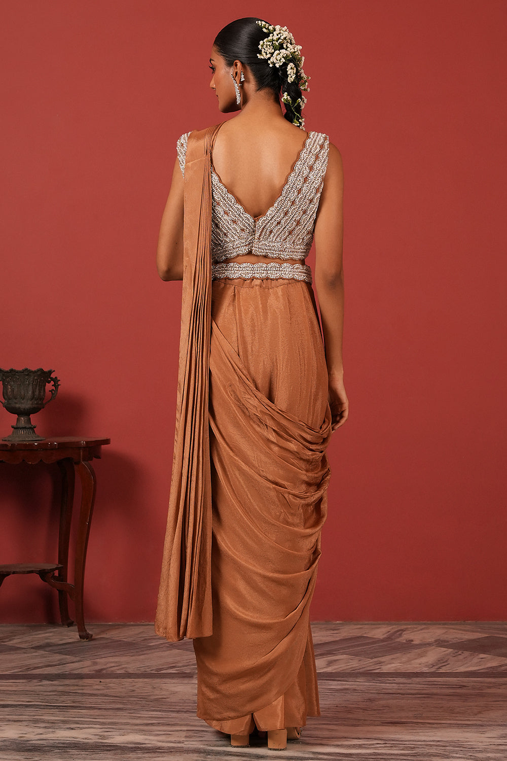 Pre-Draped Brown Saree with Embroidered Blouse & Detachable Belt