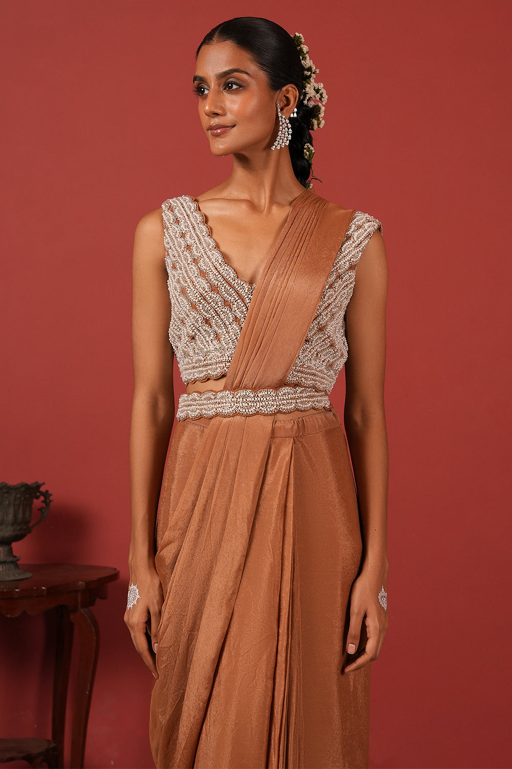 Pre-Draped Brown Saree with Embroidered Blouse & Detachable Belt