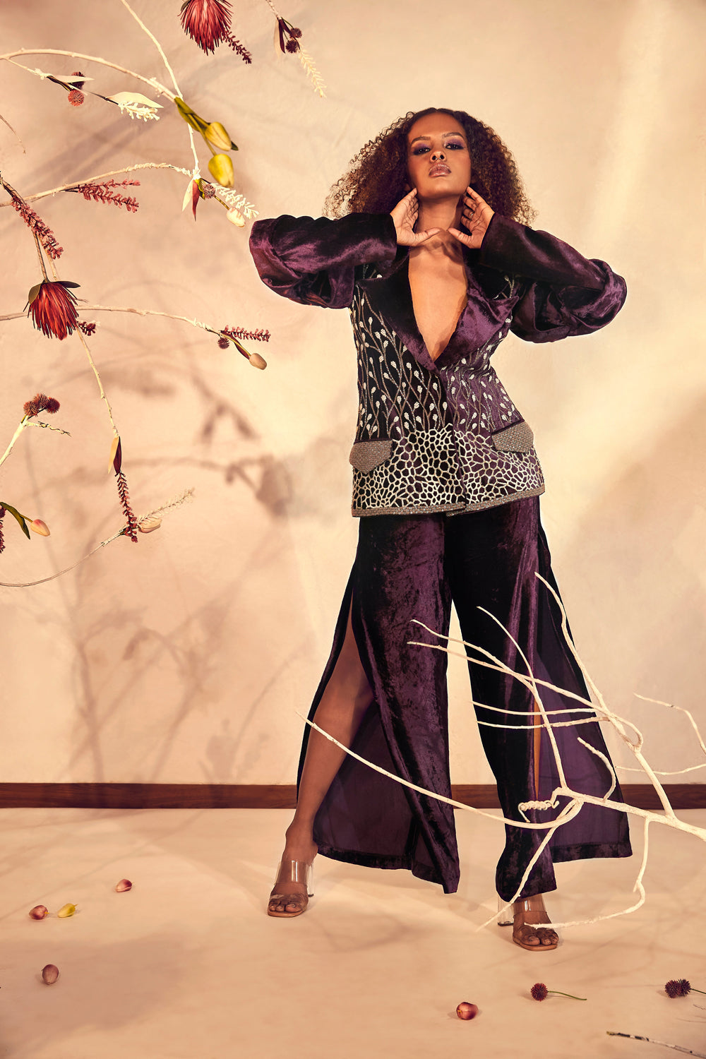 Wine Blazer with Slit Pants