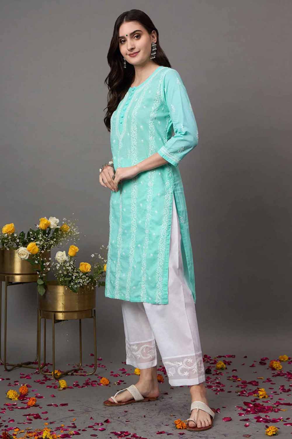 Sea green chikankari cotton round neck kurta with quarter sleeves