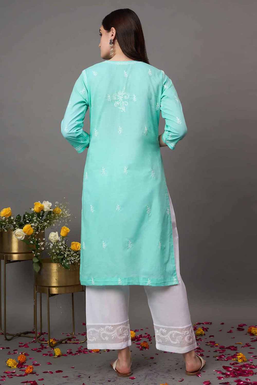 Sea green chikankari cotton round neck kurta with quarter sleeves