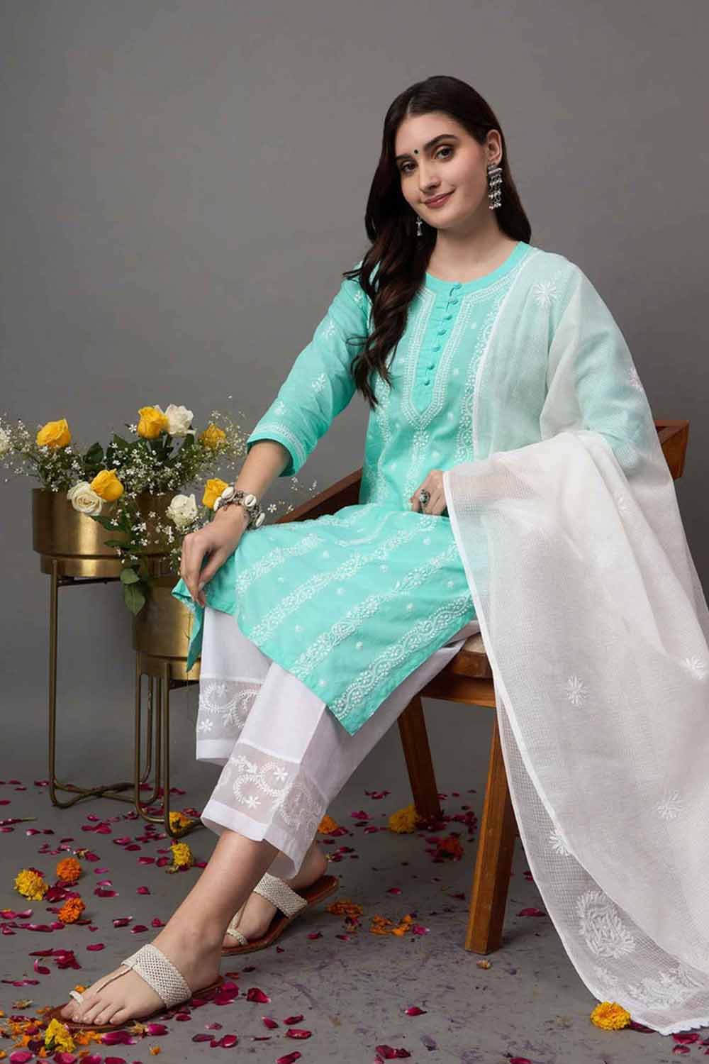 Sea green chikankari cotton round neck kurta with quarter sleeves