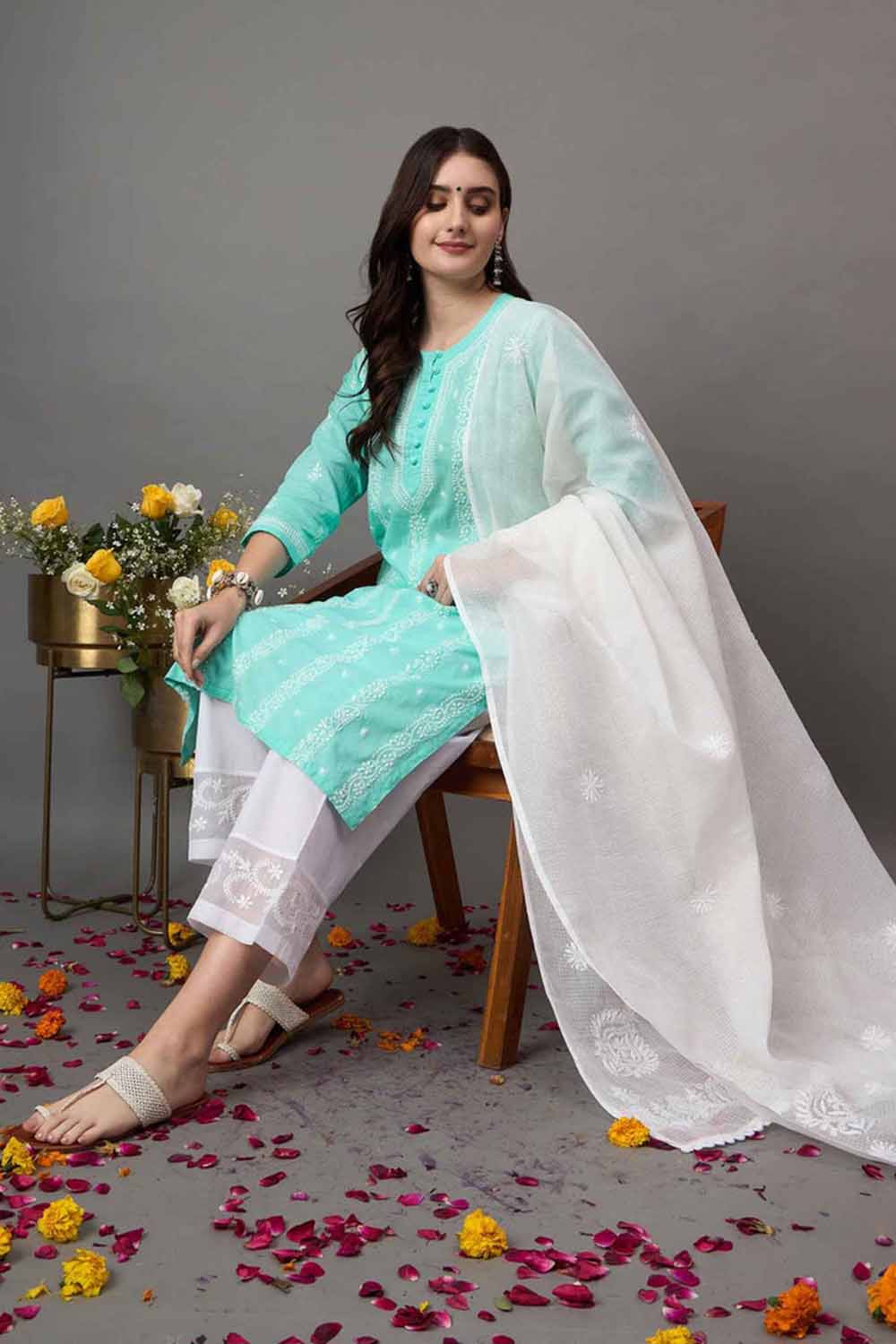 Sea green chikankari cotton round neck kurta with quarter sleeves