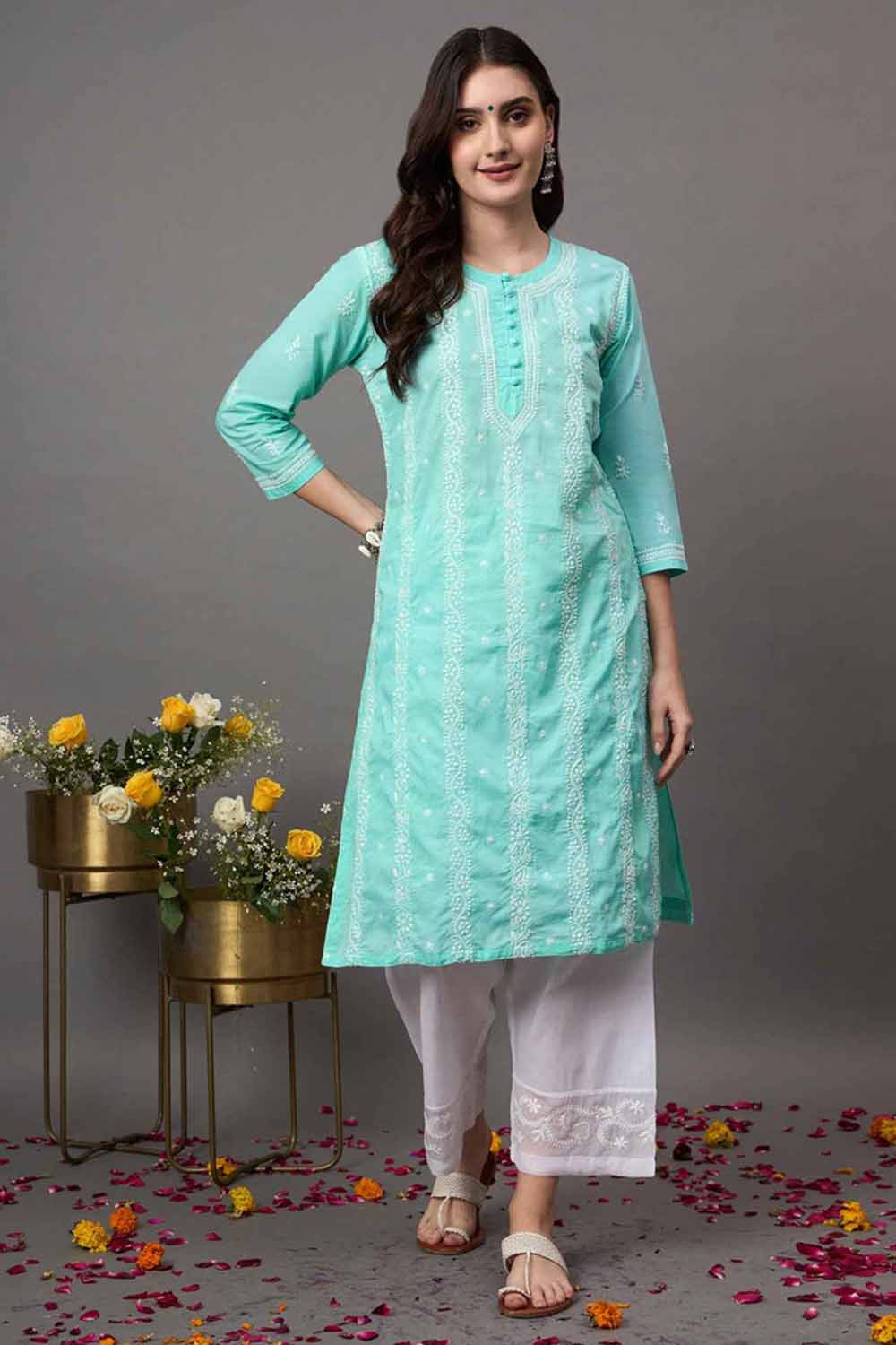 Sea green chikankari cotton round neck kurta with quarter sleeves