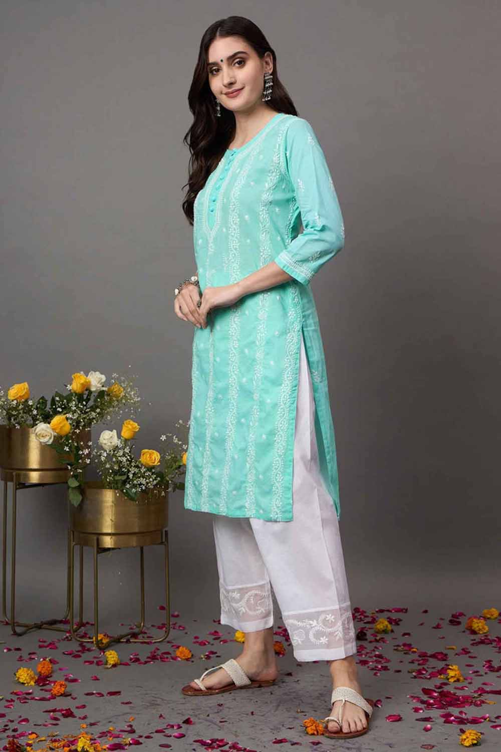 Sea green chikankari cotton round neck kurta with quarter sleeves