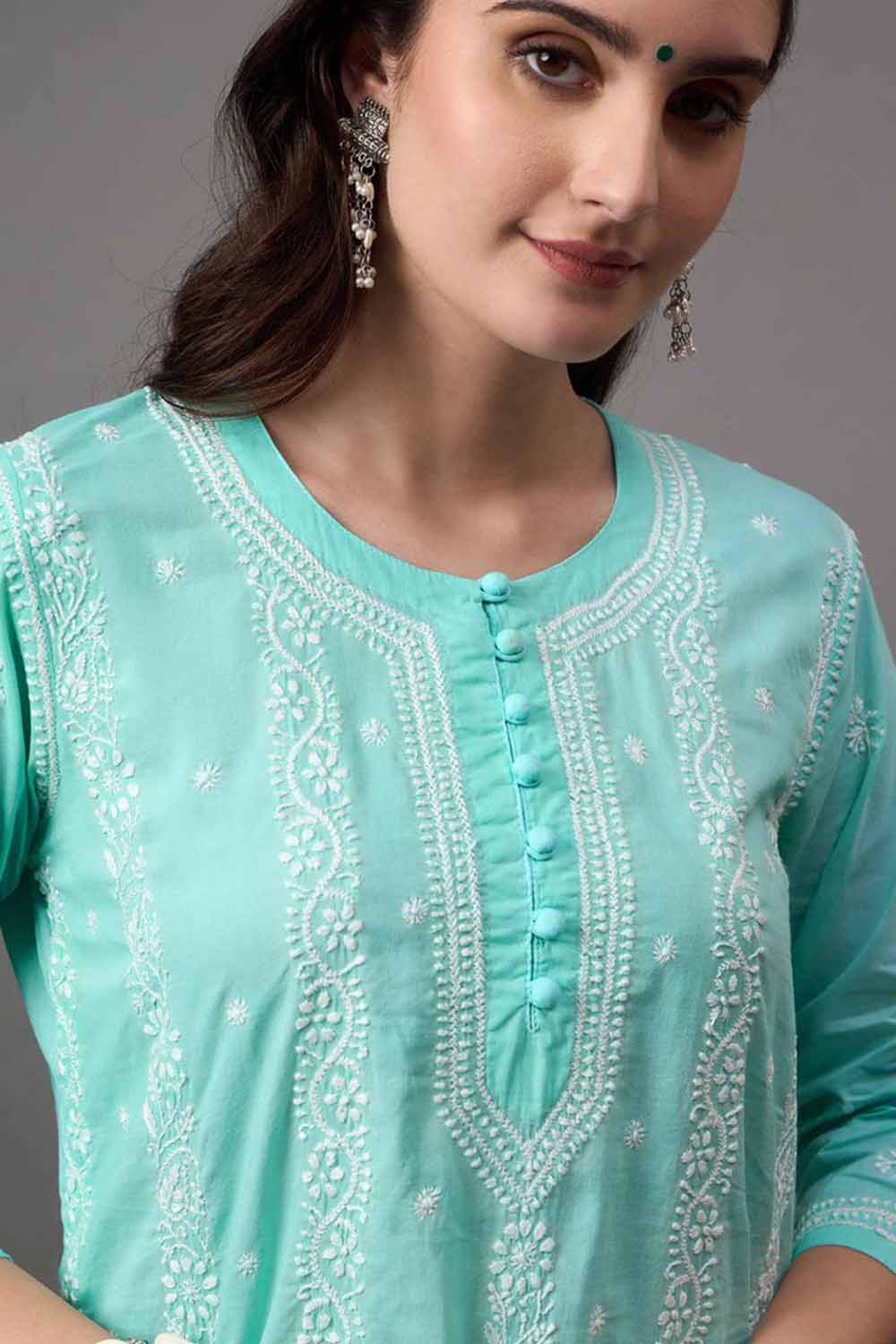 Sea green chikankari cotton round neck kurta with quarter sleeves