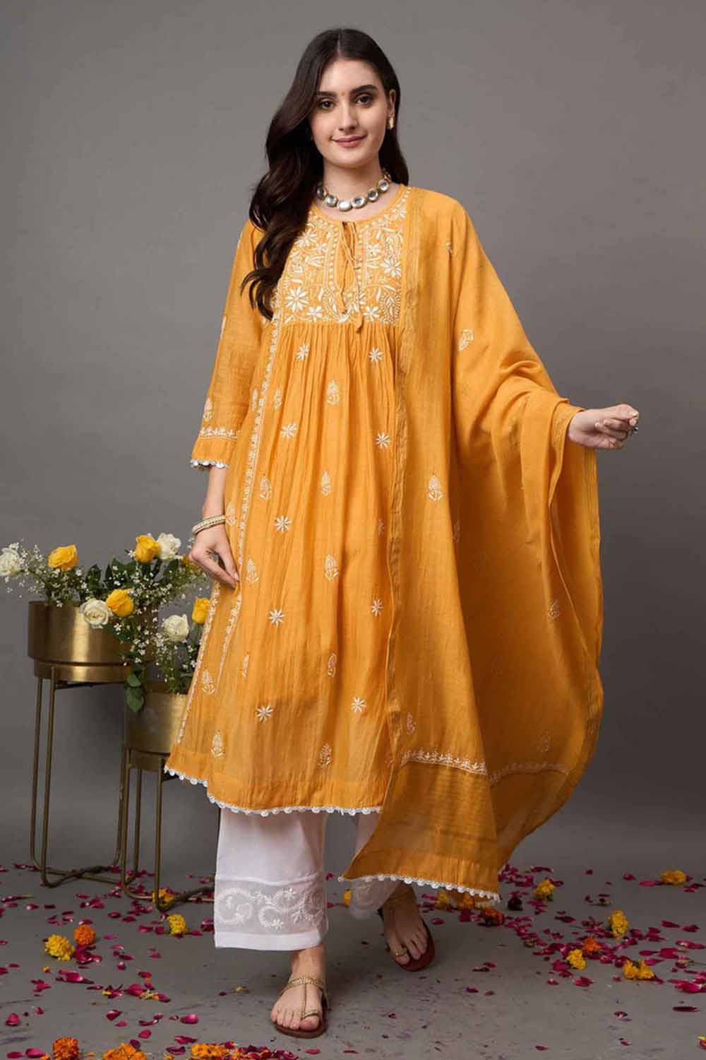 Mustard Chanderi Kurta Set with Slip and Dupatta - Chikankari and Mukaish Work
