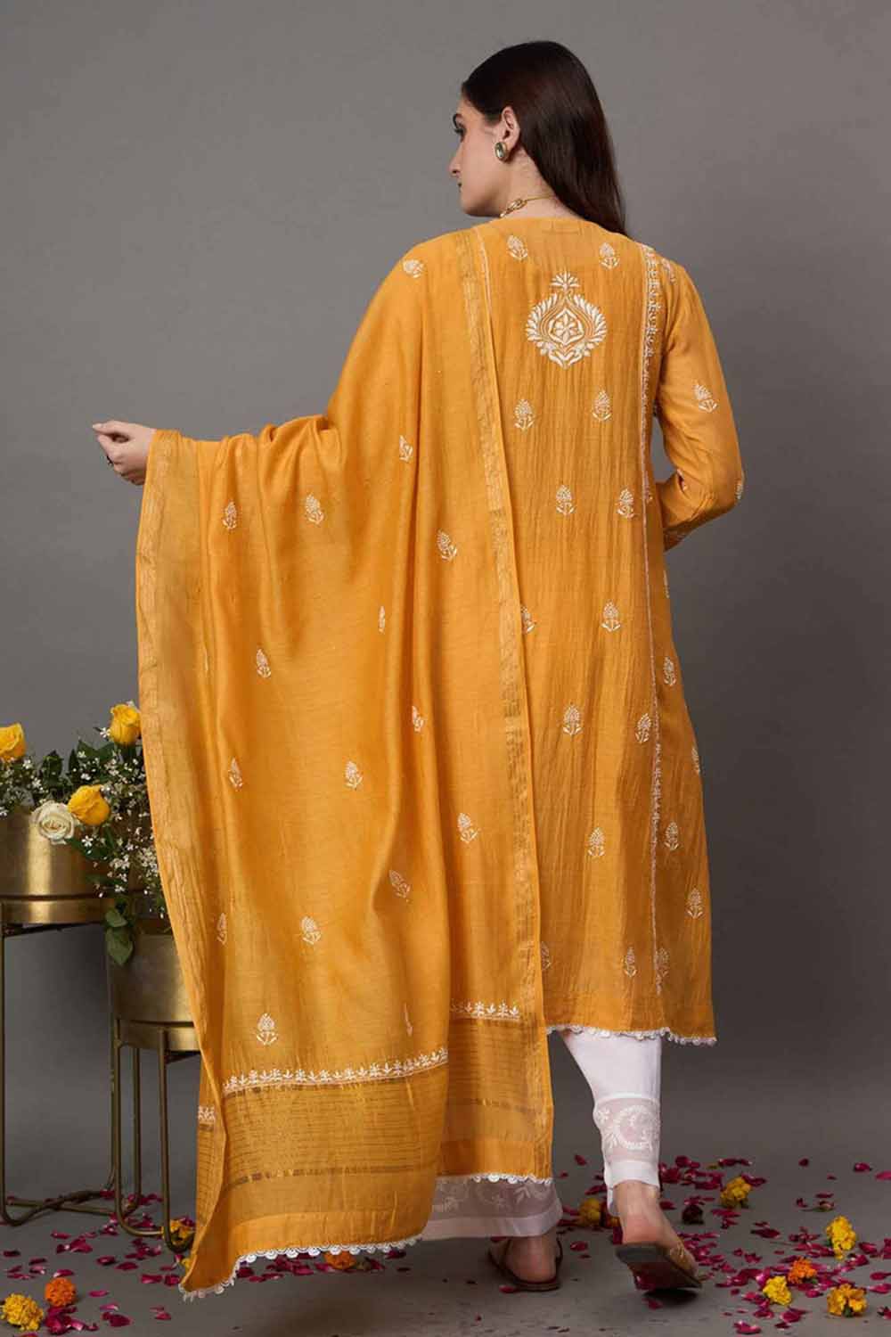 Mustard Chanderi Kurta Set with Slip and Dupatta - Chikankari and Mukaish Work