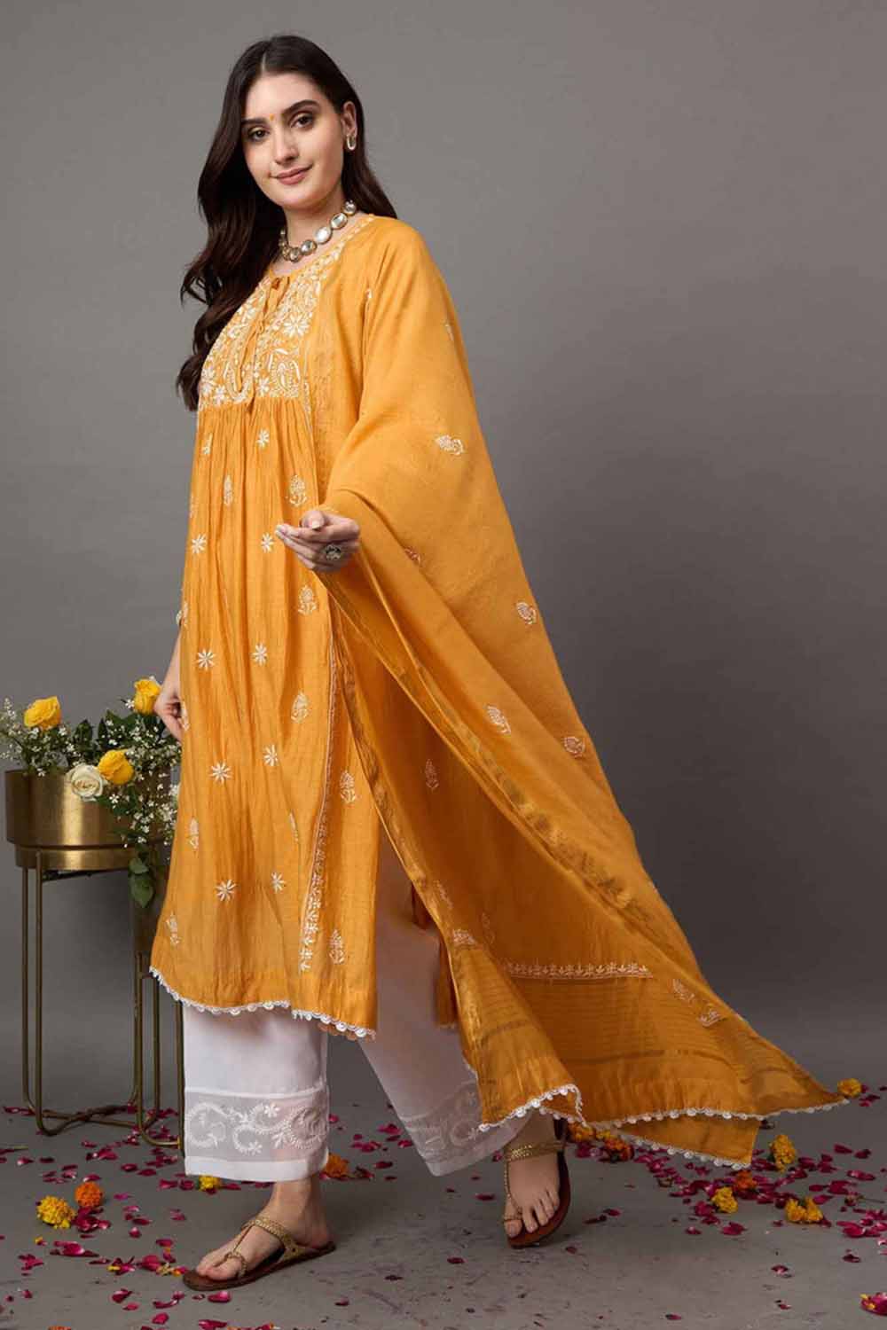 Mustard Chanderi Kurta Set with Slip and Dupatta - Chikankari and Mukaish Work