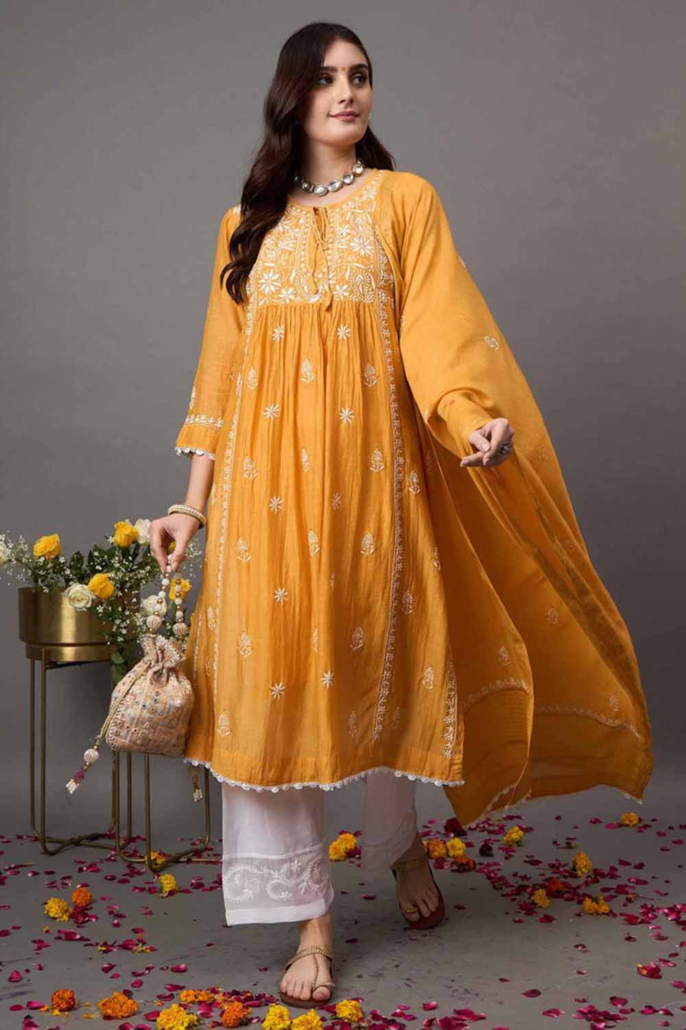 Mustard Chanderi Kurta Set with Slip and Dupatta - Chikankari and Mukaish Work