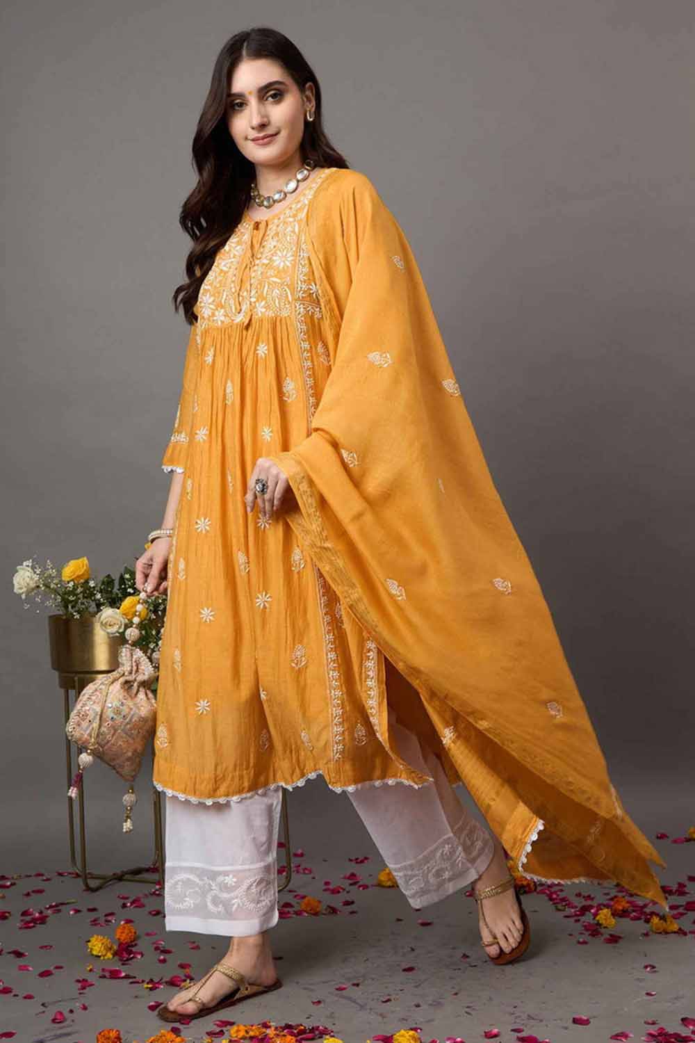 Mustard Chanderi Kurta Set with Slip and Dupatta - Chikankari and Mukaish Work