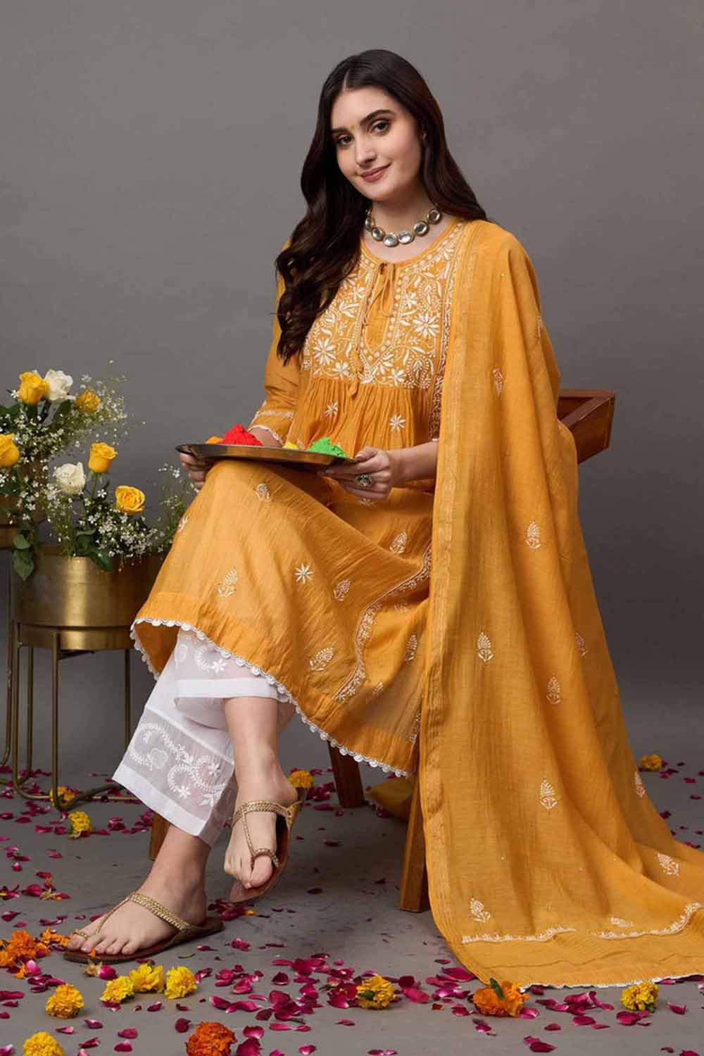 Mustard Chanderi Kurta Set with Slip and Dupatta - Chikankari and Mukaish Work