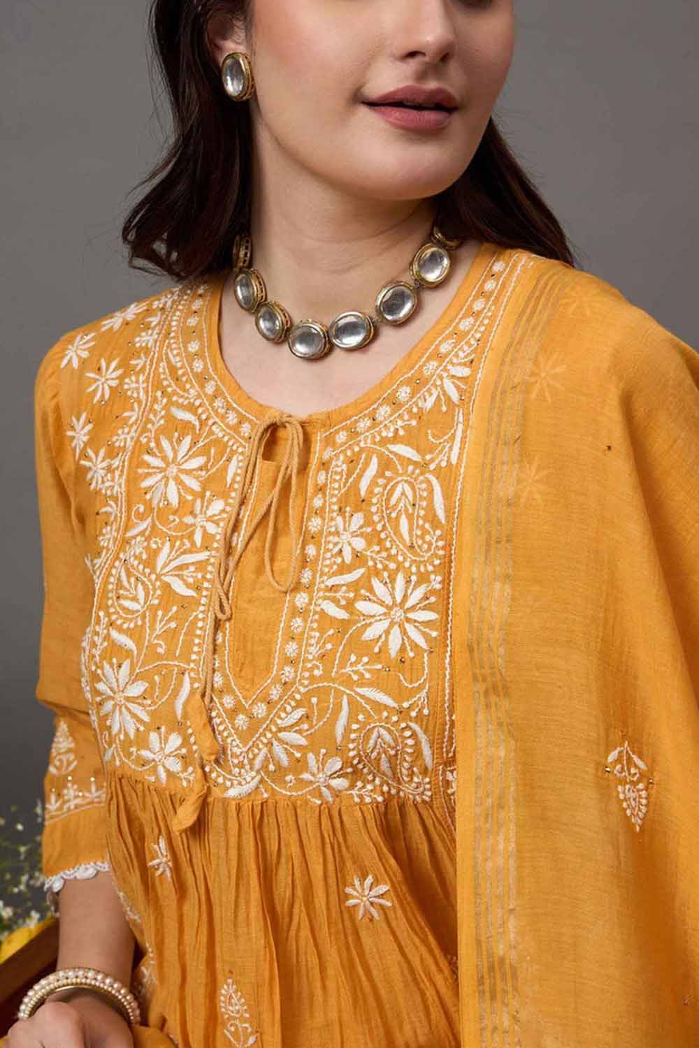 Mustard Chanderi Kurta Set with Slip and Dupatta - Chikankari and Mukaish Work