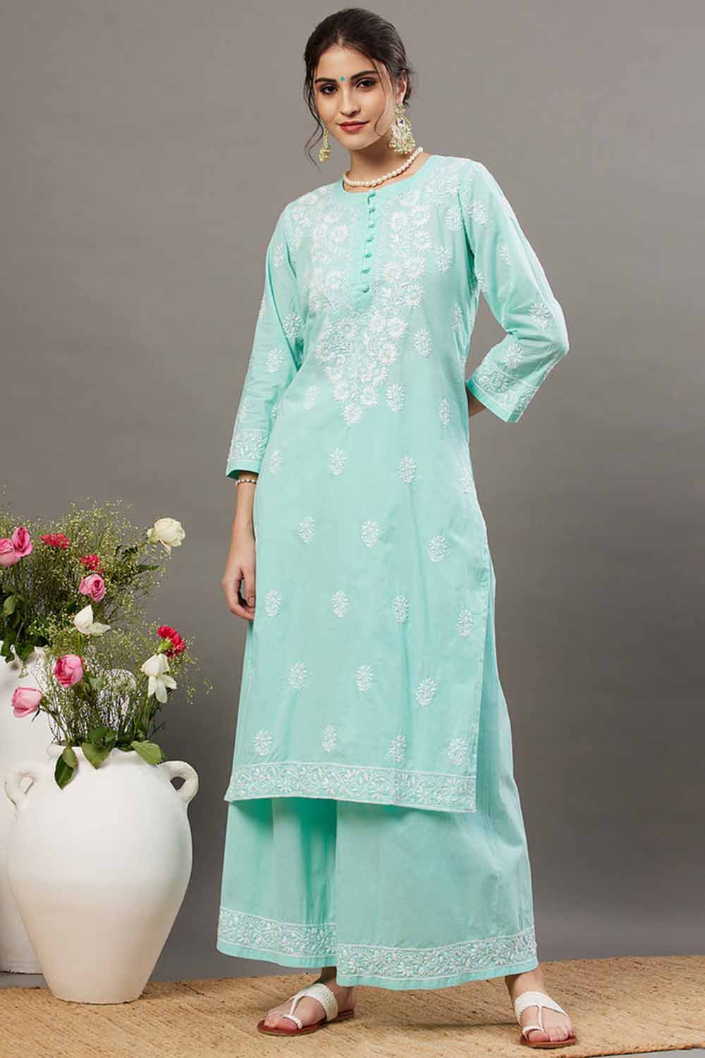 Sea Green Chikankari Kurta Set with Back Ties and Palazzo - Set of 2